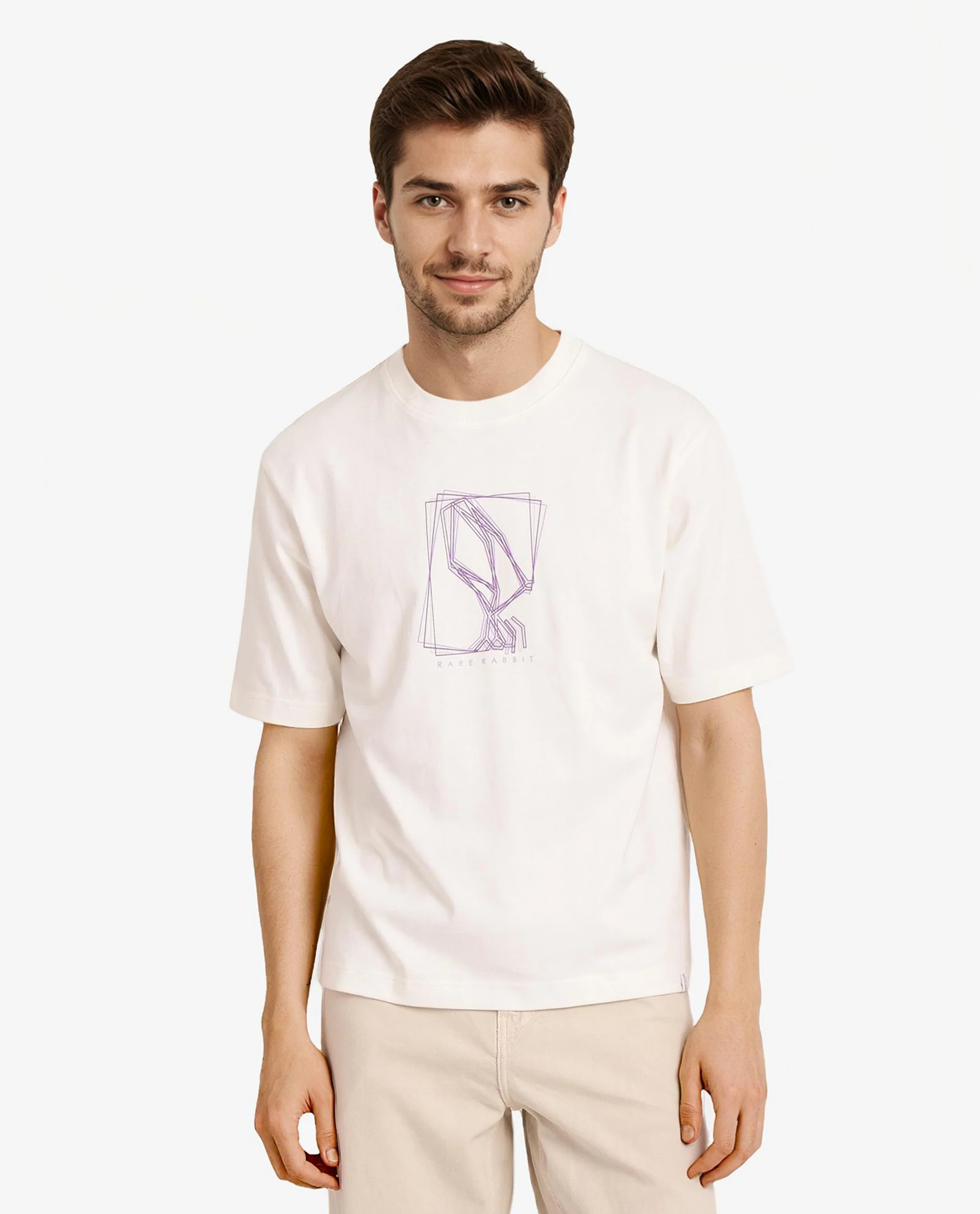 Rare Rabbit Men's Que Off White Cotton Graphic Print Regular Fit Half Sleeve Crew Neck T-Shirt - Image 5