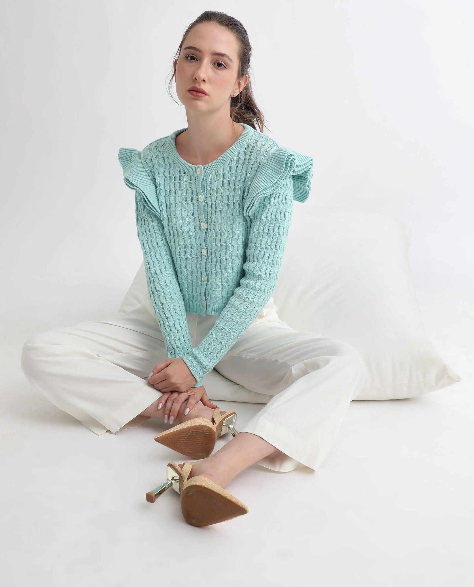 Rareism Women's Queen Blue Cotton Crew Neck Plain Regular Fit Sweater - Image 4