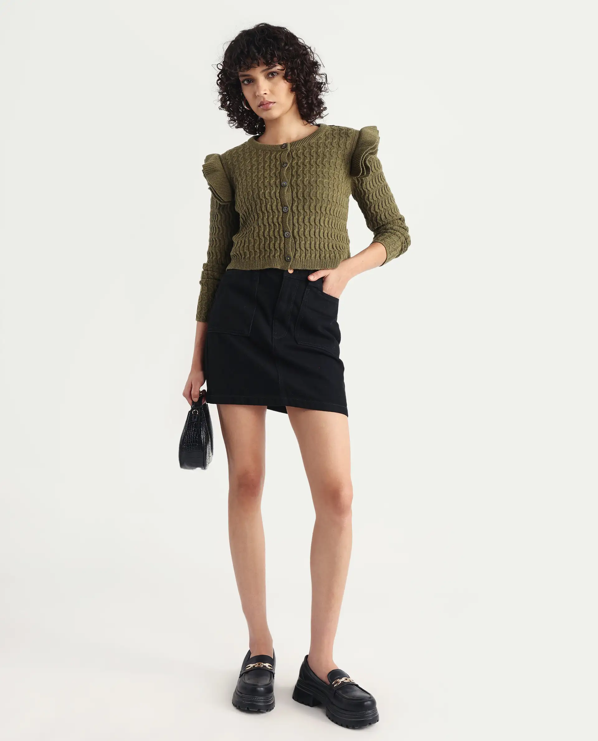 Rareism Women's Queen Olive Cotton Crew Neck Plain Regular Fit Sweater - Image 2