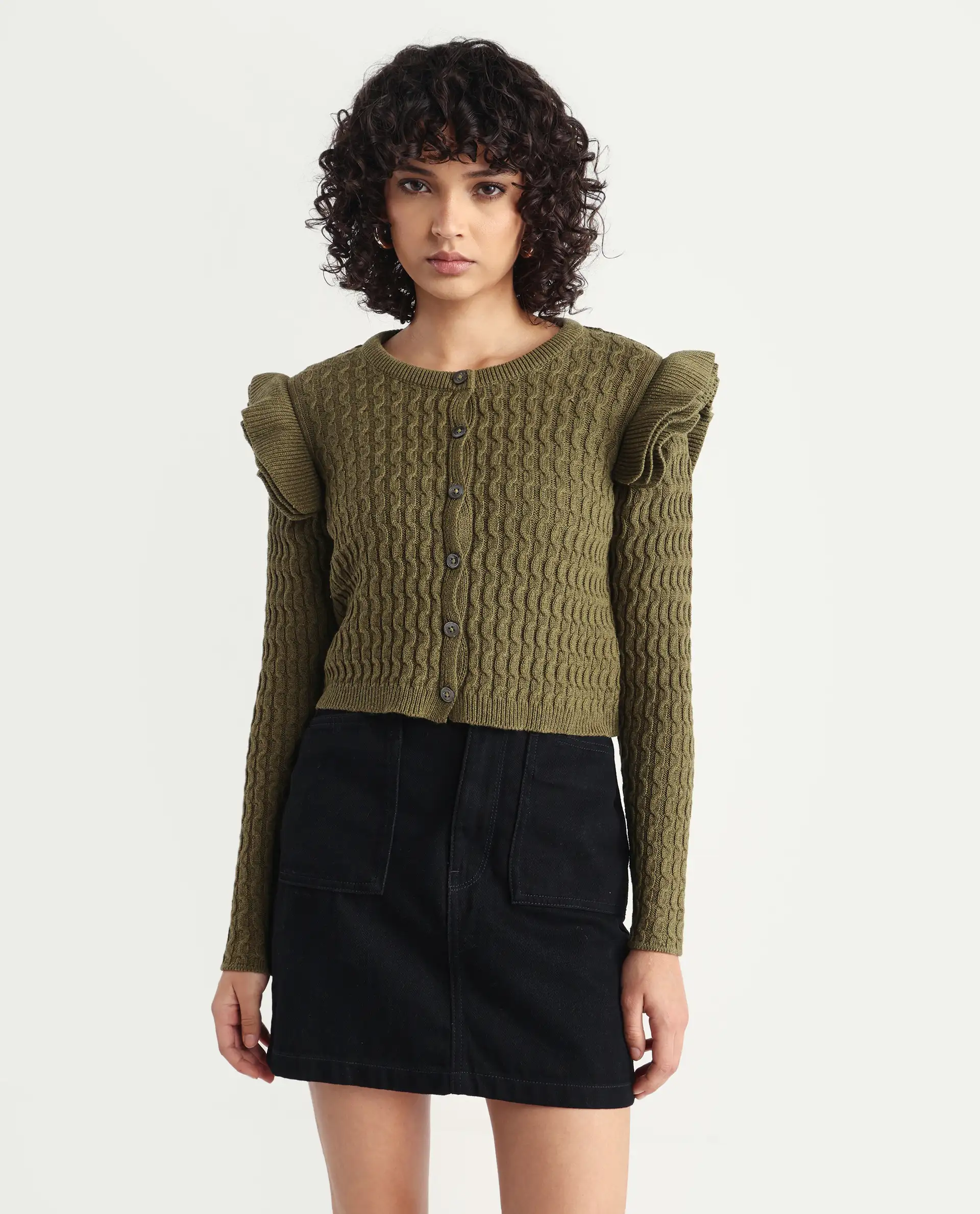 Rareism Women's Queen Olive Cotton Crew Neck Plain Regular Fit Sweater - Image 3