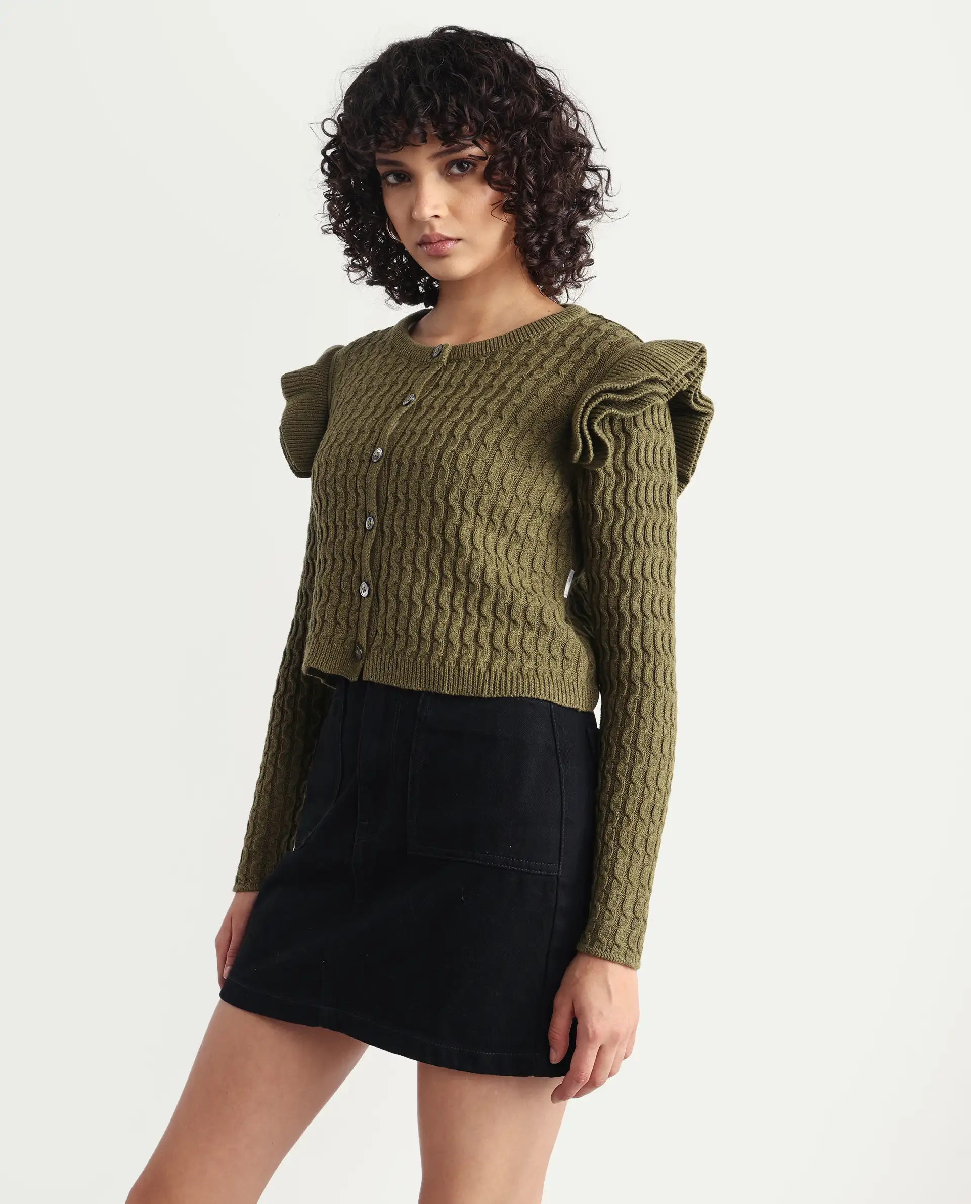 Rareism Women's Queen Olive Cotton Crew Neck Plain Regular Fit Sweater - Image 4