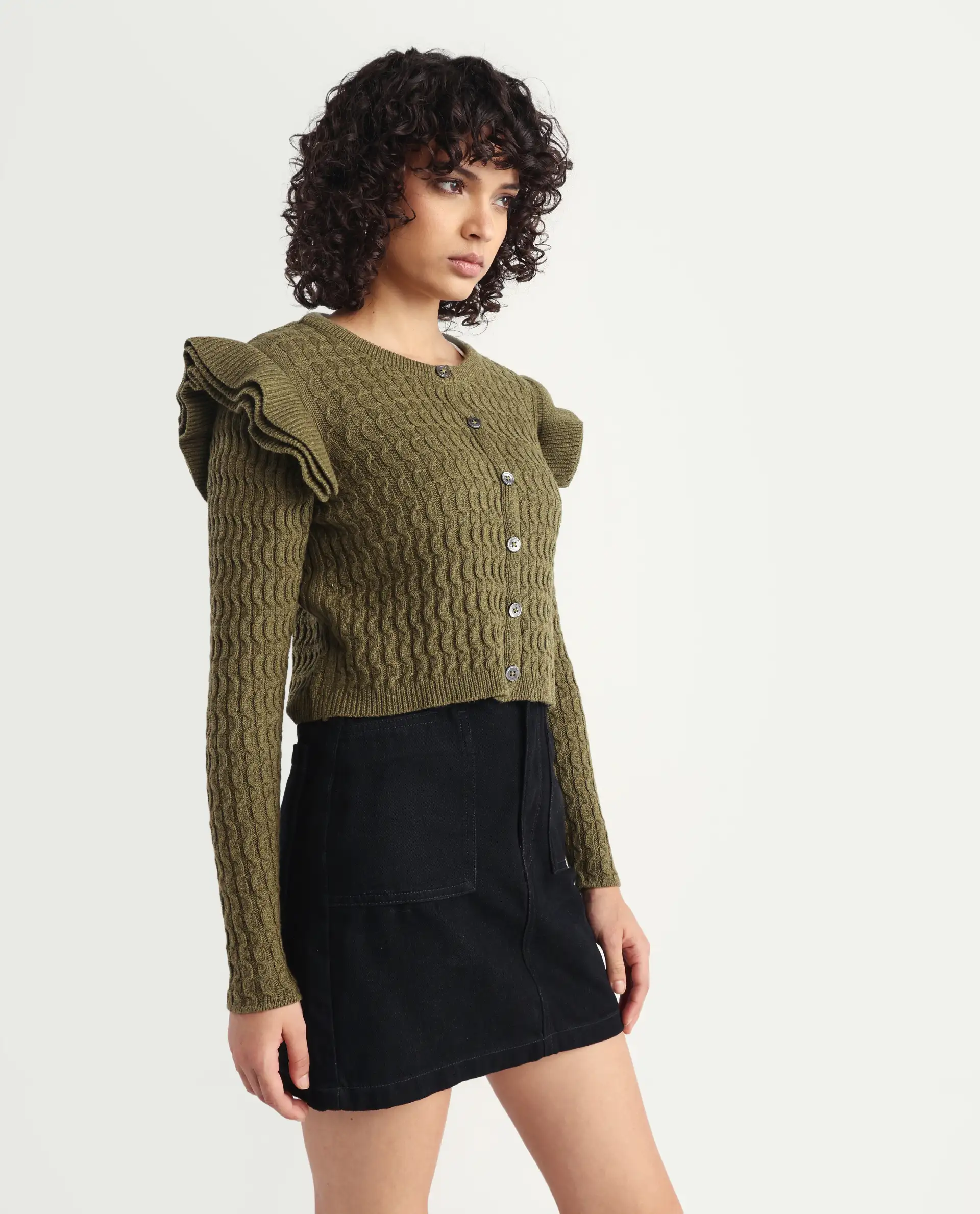 Rareism Women's Queen Olive Cotton Crew Neck Plain Regular Fit Sweater - Image 5
