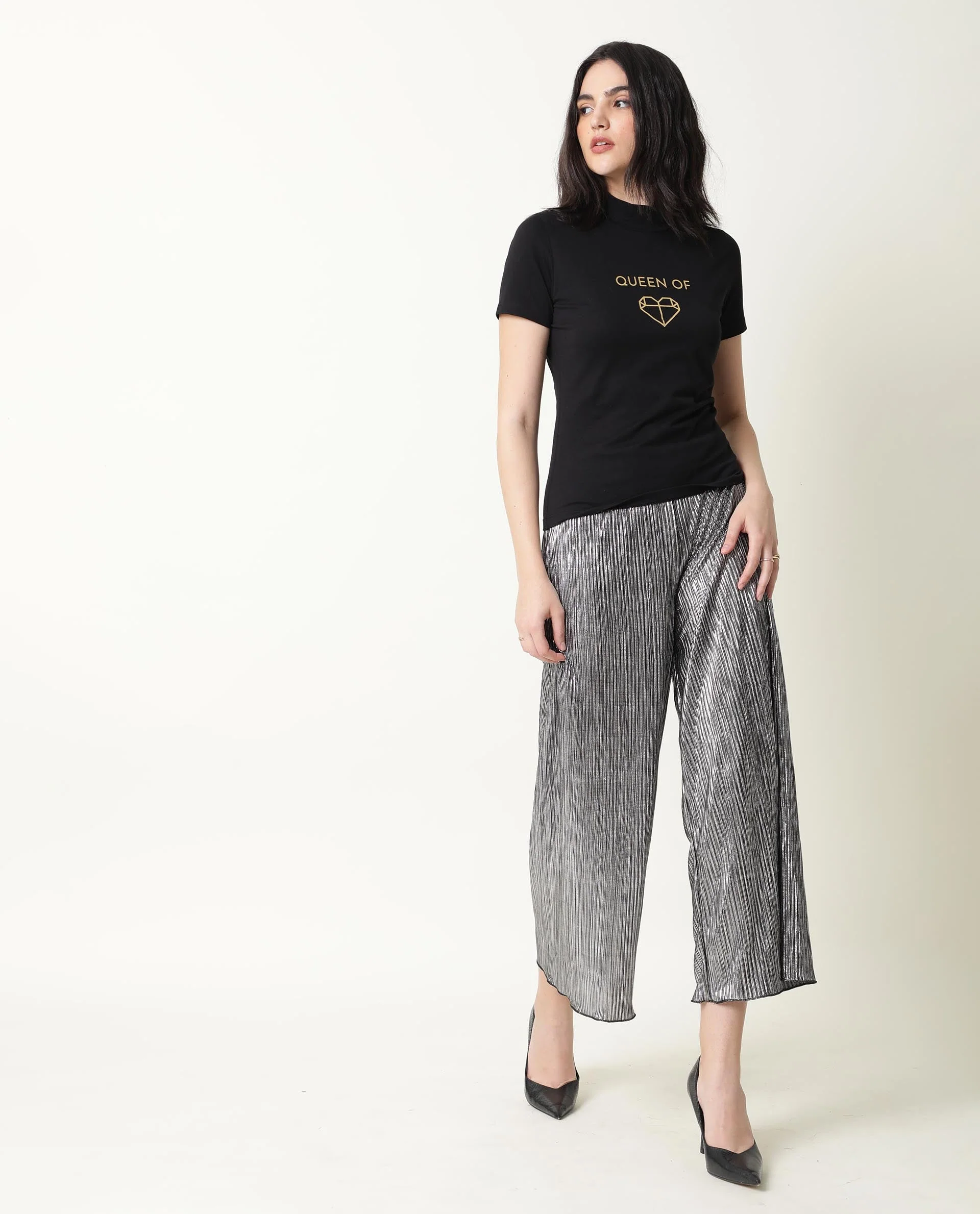 Rareism Women's Queenie Black Polyester Blend Crew Neck Graphic Print Regular Fit T-Shirt - Image 2
