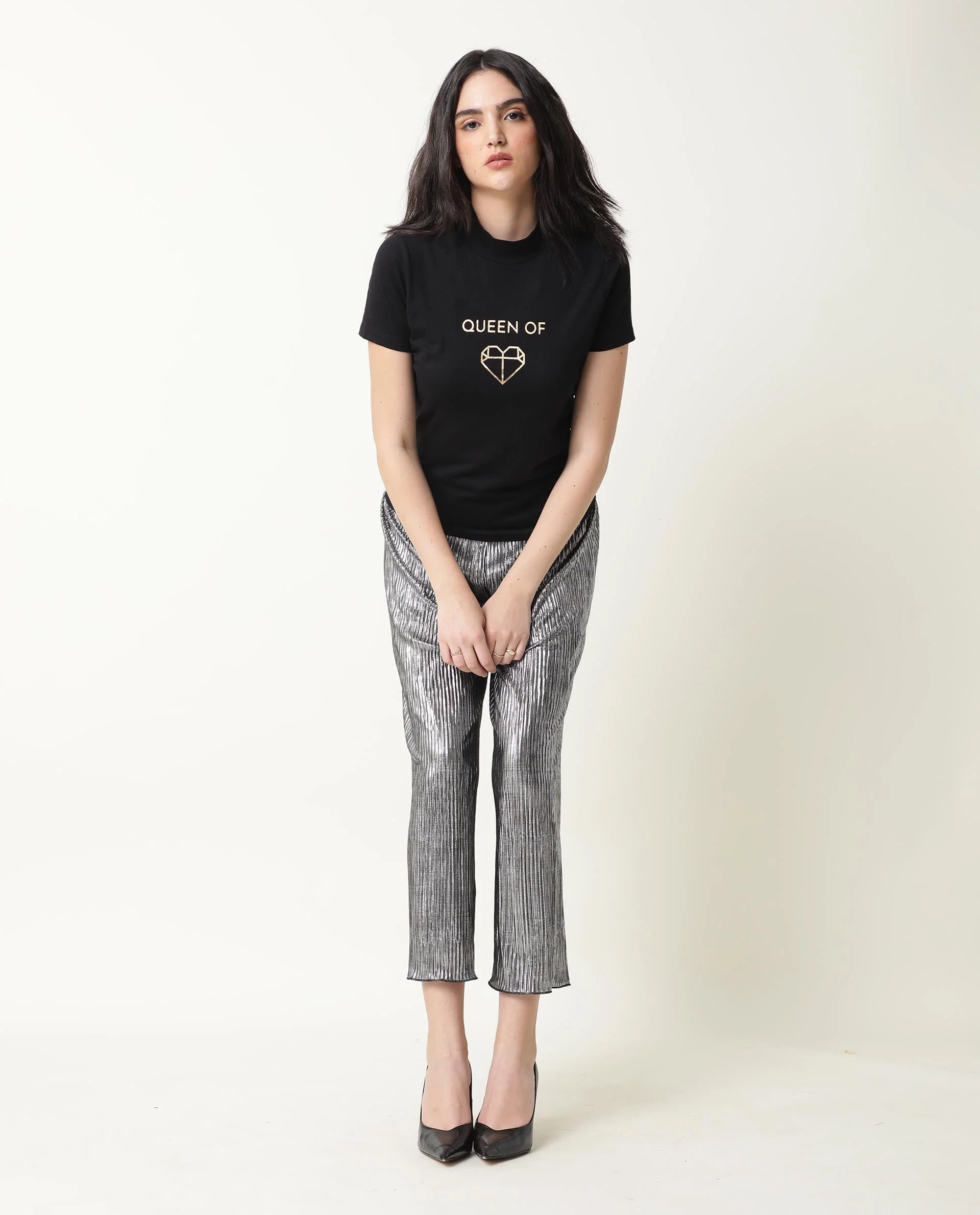 Rareism Women's Queenie Black Polyester Blend Crew Neck Graphic Print Regular Fit T-Shirt - Image 5