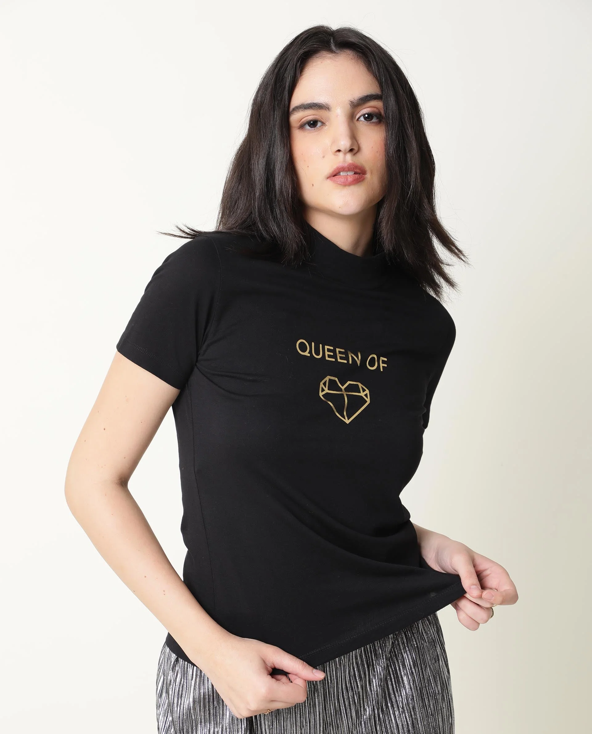 Rareism Women's Queenie Black Polyester Blend Crew Neck Graphic Print Regular Fit T-Shirt - Image 9
