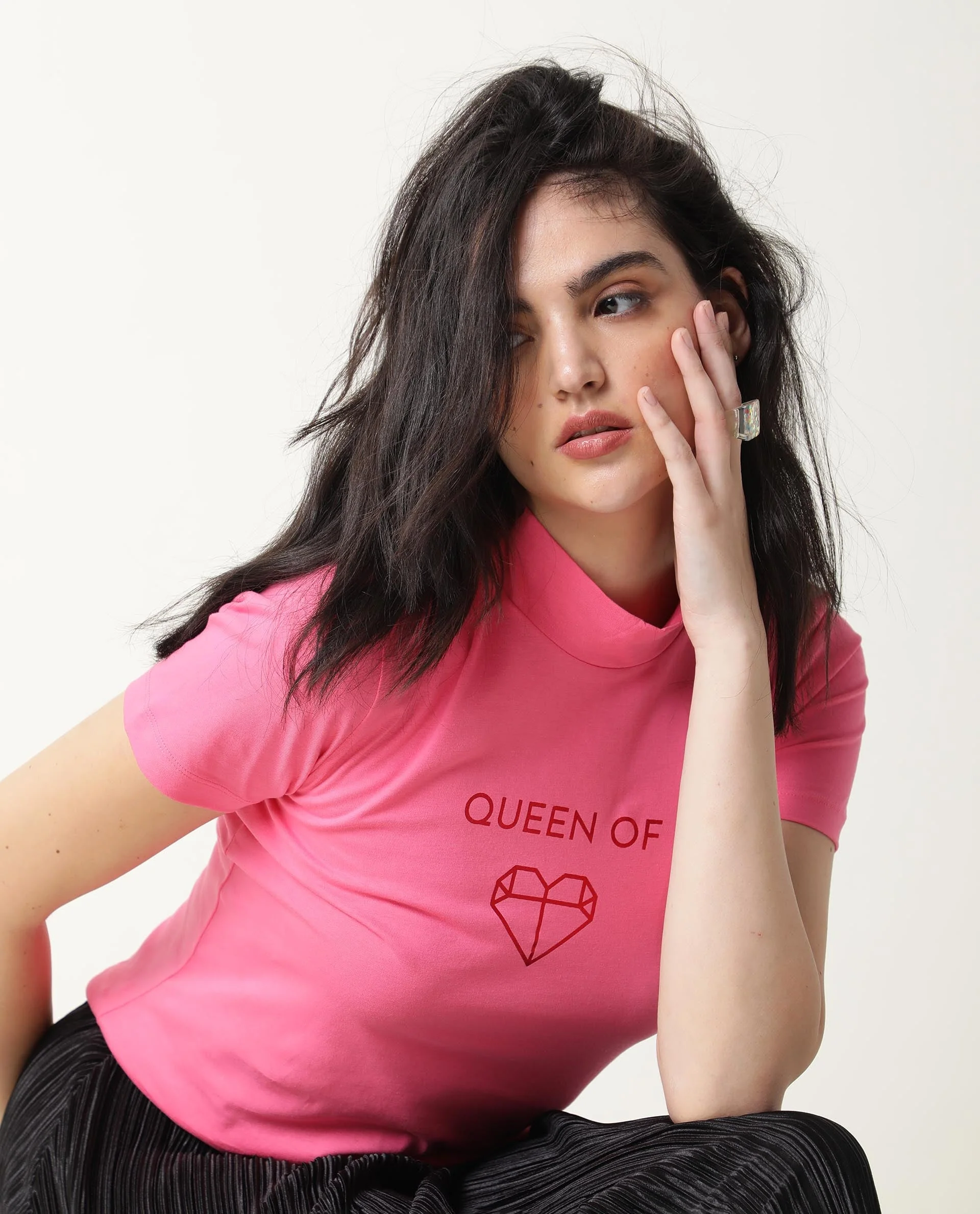Rareism Women's Queenie Pink Polyester Blend Crew Neck Graphic Print Regular Fit T-Shirt - Image 10