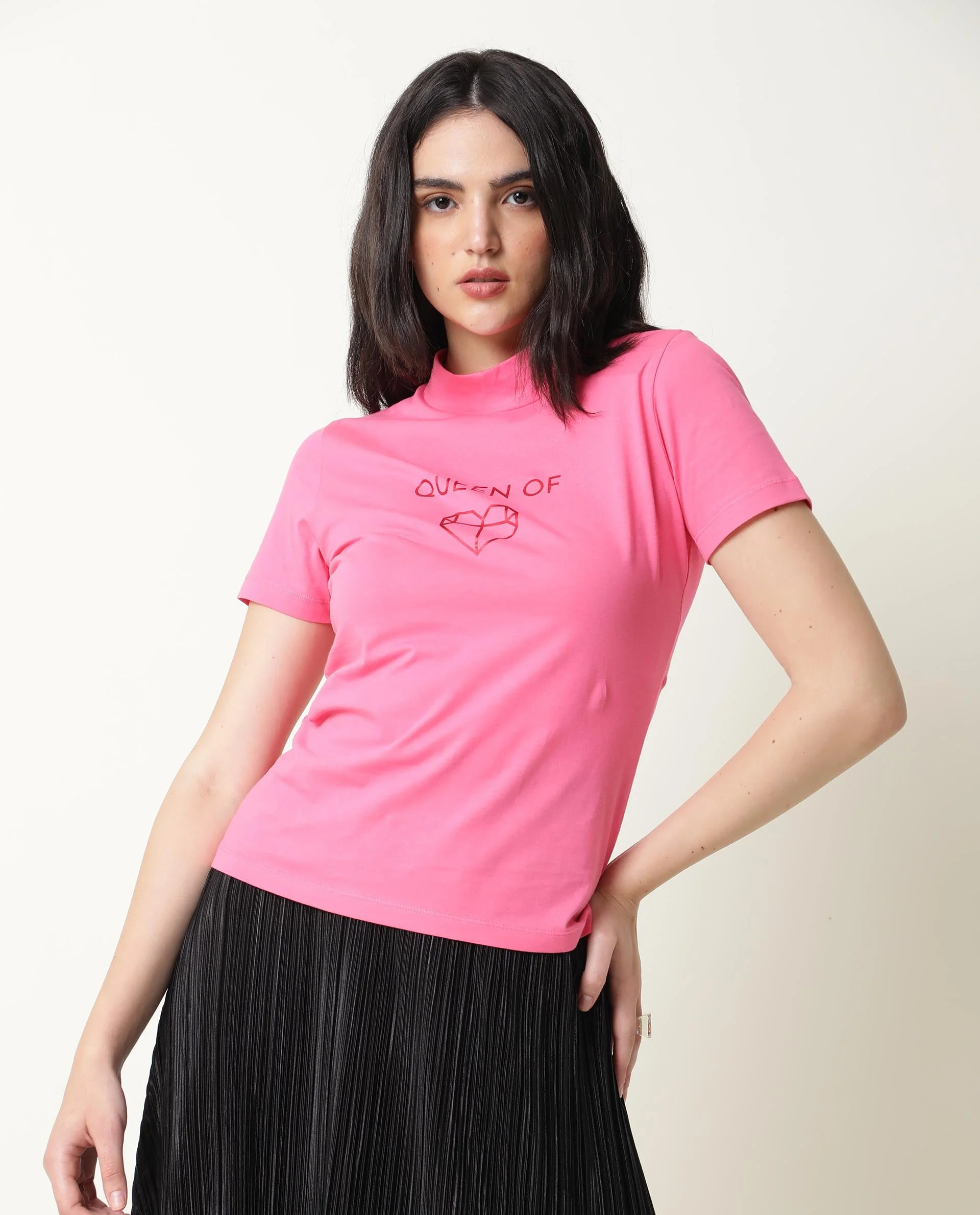 Rareism Women's Queenie Pink Polyester Blend Crew Neck Graphic Print Regular Fit T-Shirt - Image 11