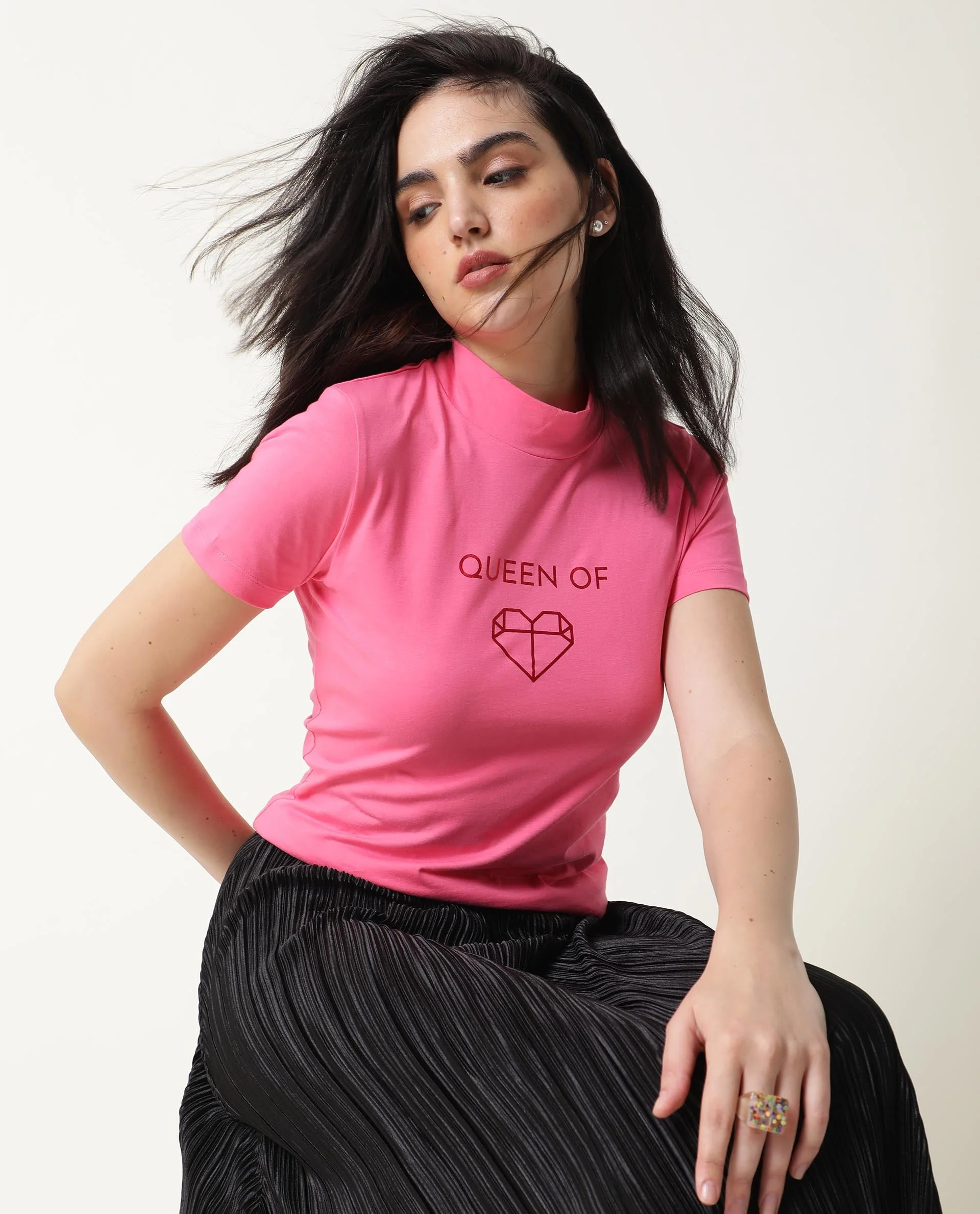 Rareism Women's Queenie Pink Polyester Blend Crew Neck Graphic Print Regular Fit T-Shirt - Image 4
