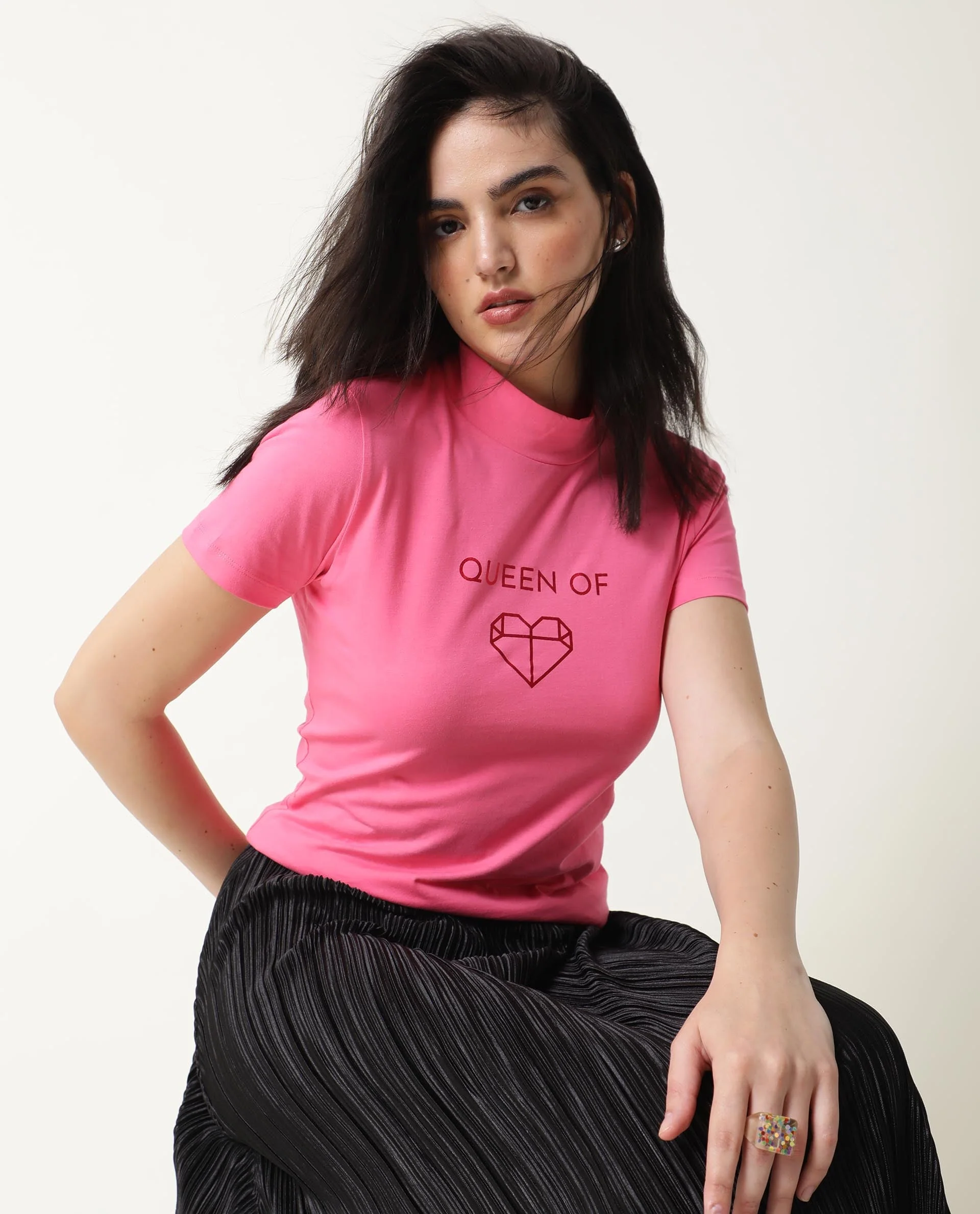 Rareism Women's Queenie Pink Polyester Blend Crew Neck Graphic Print Regular Fit T-Shirt - Image 5