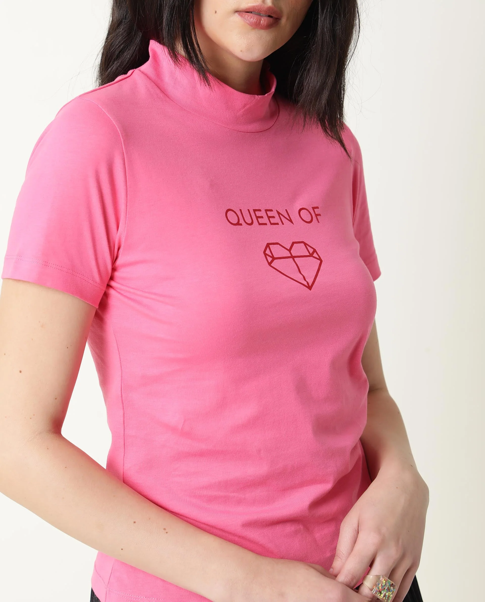Rareism Women's Queenie Pink Polyester Blend Crew Neck Graphic Print Regular Fit T-Shirt - Image 7