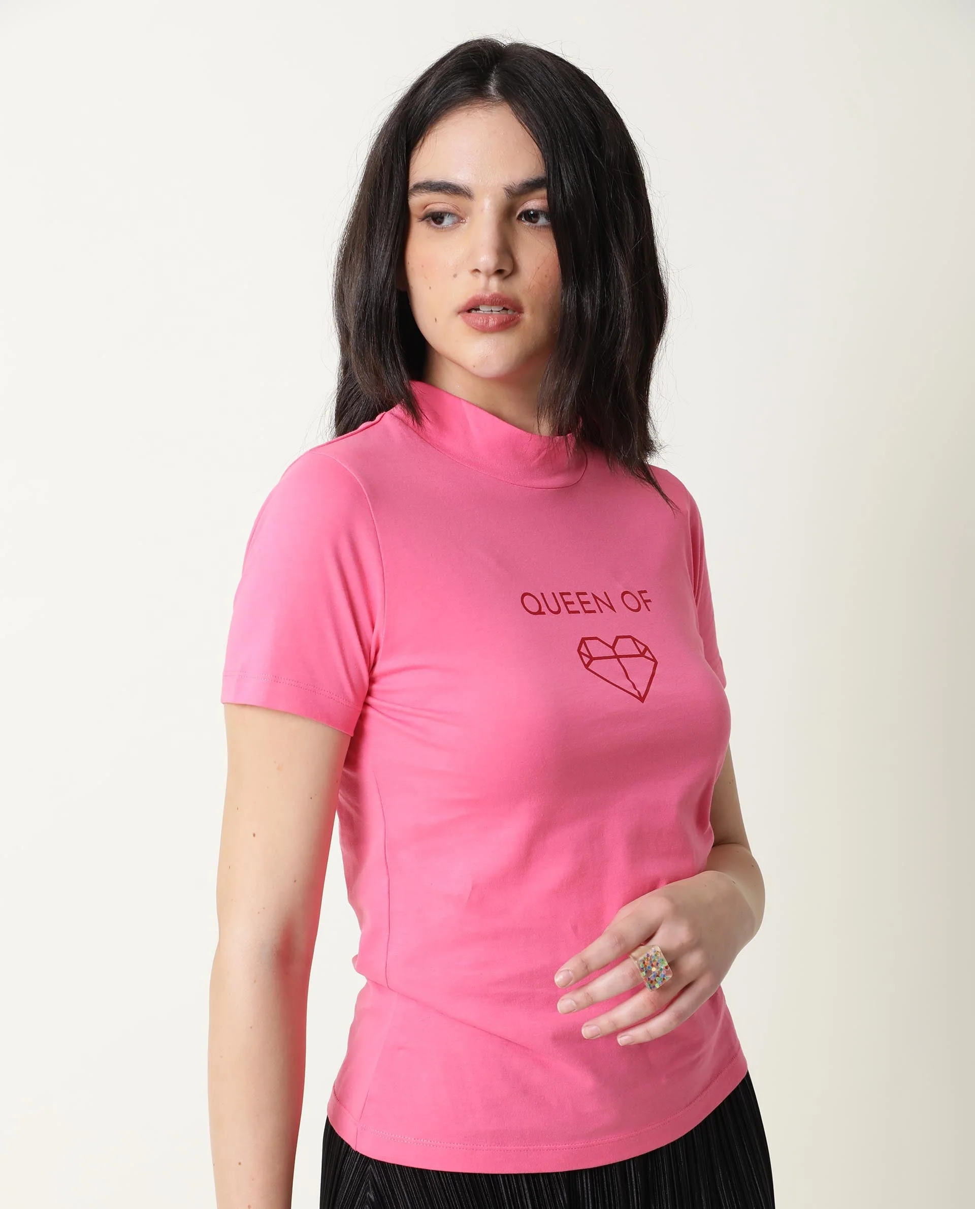 Rareism Women's Queenie Pink Polyester Blend Crew Neck Graphic Print Regular Fit T-Shirt - Image 8