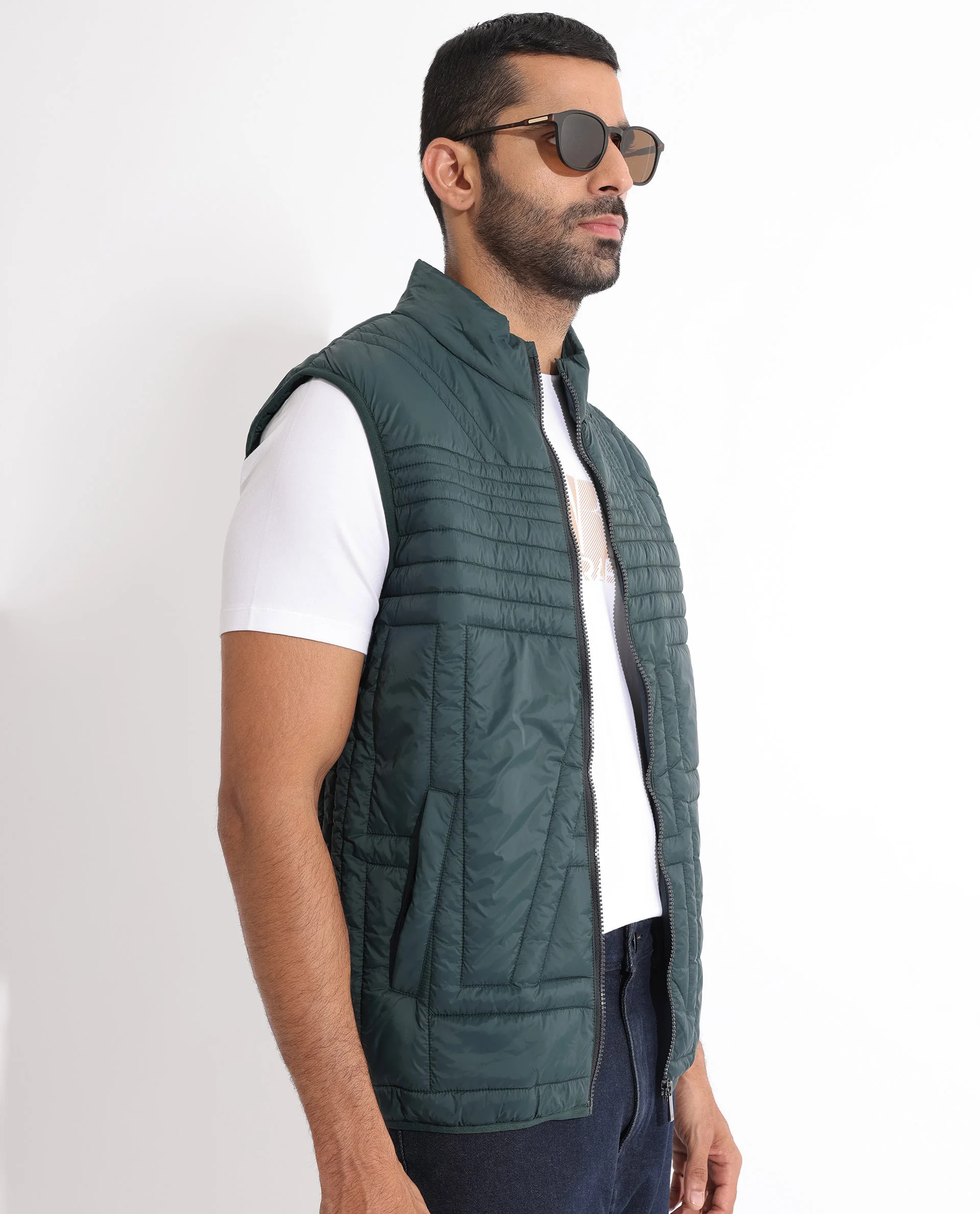 Rare Rabbit Men's Queltex Dark Petrol Nylon Plain Regular Fit Sleeveless High Neck Jacket - Image 10