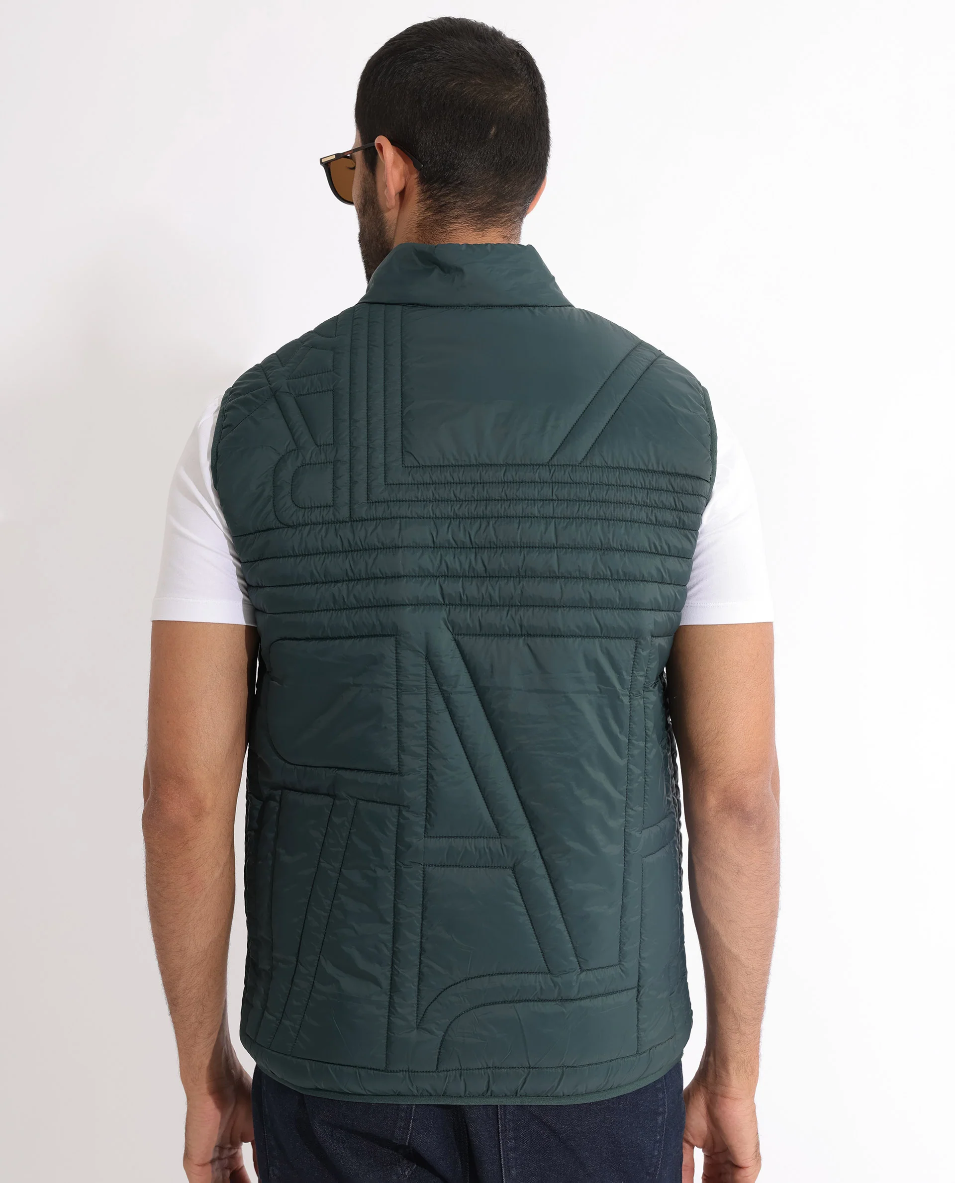 Rare Rabbit Men's Queltex Dark Petrol Nylon Plain Regular Fit Sleeveless High Neck Jacket - Image 11