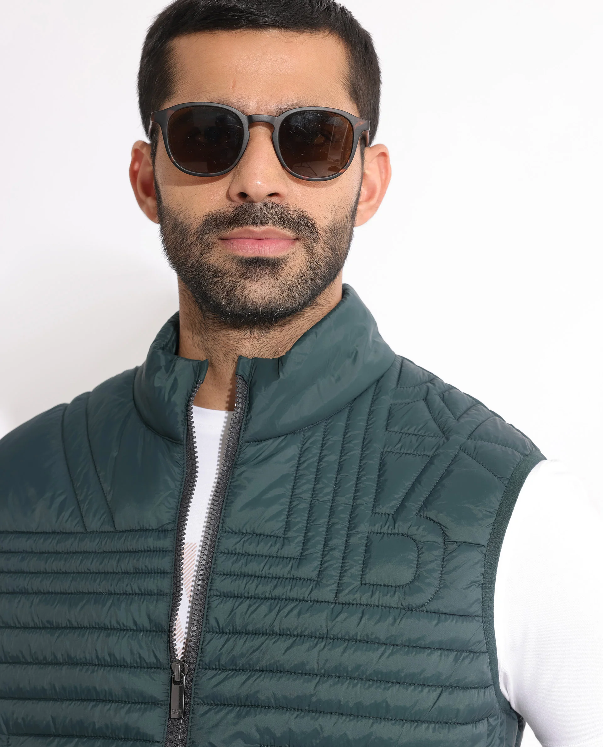 Rare Rabbit Men's Queltex Dark Petrol Nylon Plain Regular Fit Sleeveless High Neck Jacket - Image 2