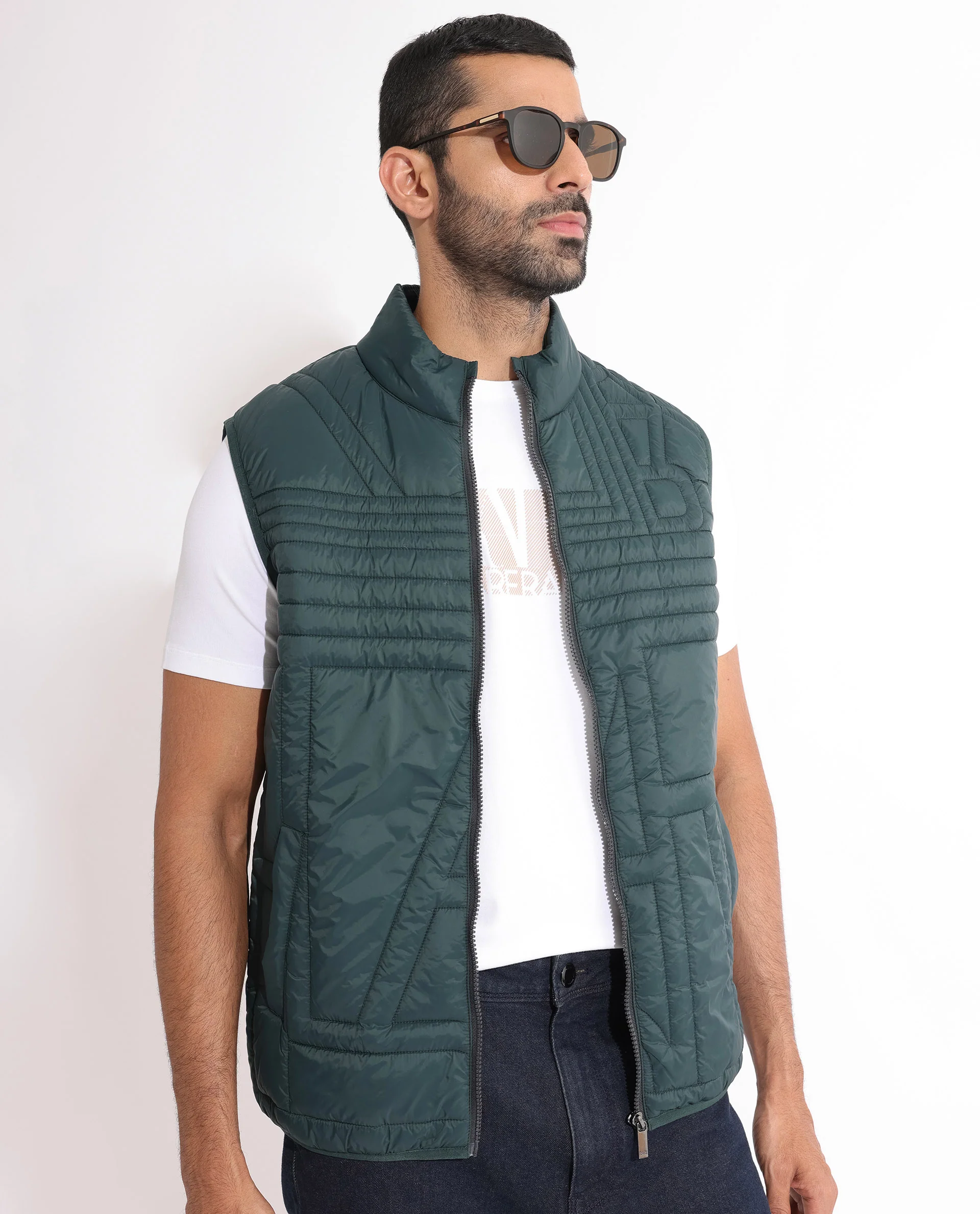 Rare Rabbit Men's Queltex Dark Petrol Nylon Plain Regular Fit Sleeveless High Neck Jacket - Image 3