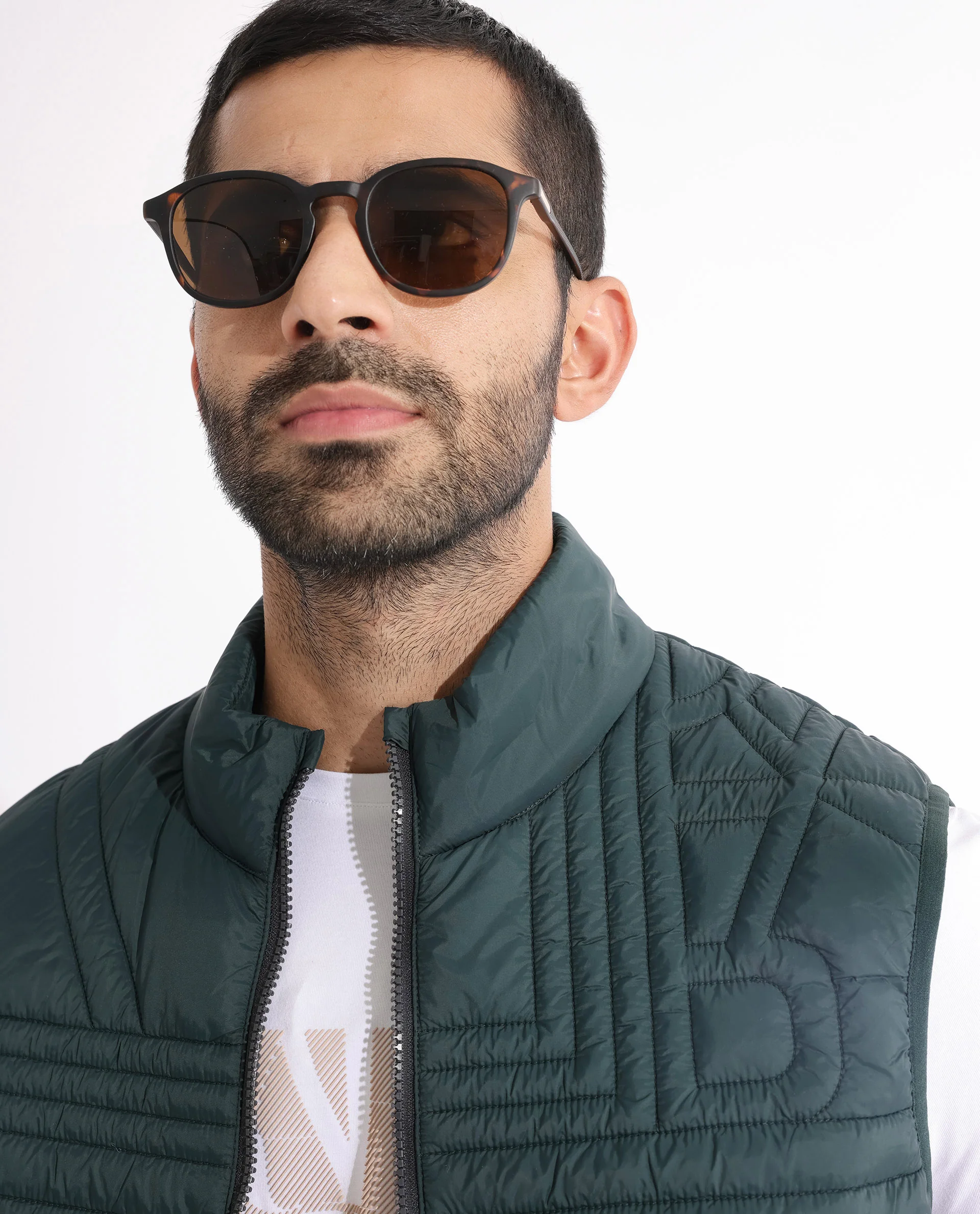 Rare Rabbit Men's Queltex Dark Petrol Nylon Plain Regular Fit Sleeveless High Neck Jacket - Image 4