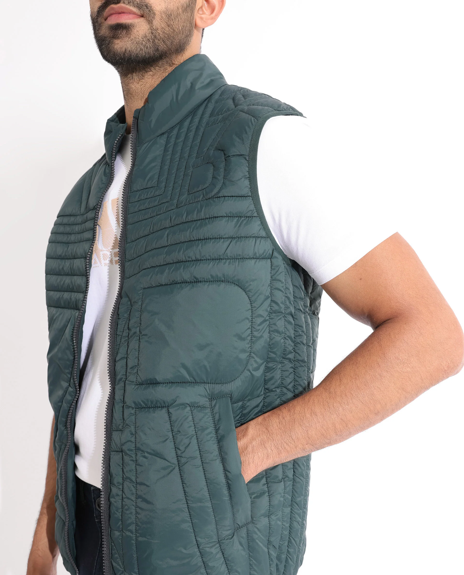 Rare Rabbit Men's Queltex Dark Petrol Nylon Plain Regular Fit Sleeveless High Neck Jacket - Image 5