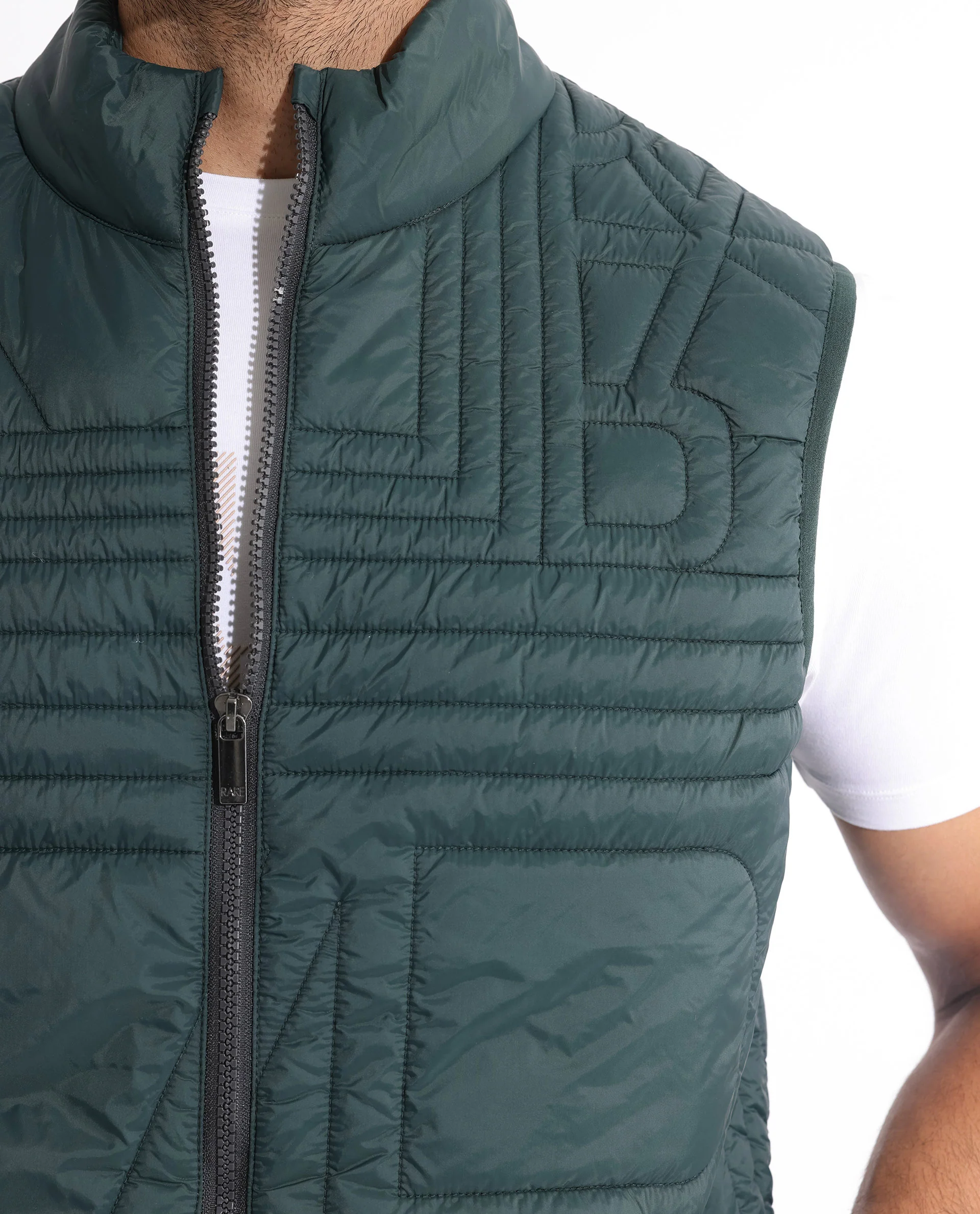 Rare Rabbit Men's Queltex Dark Petrol Nylon Plain Regular Fit Sleeveless High Neck Jacket - Image 6
