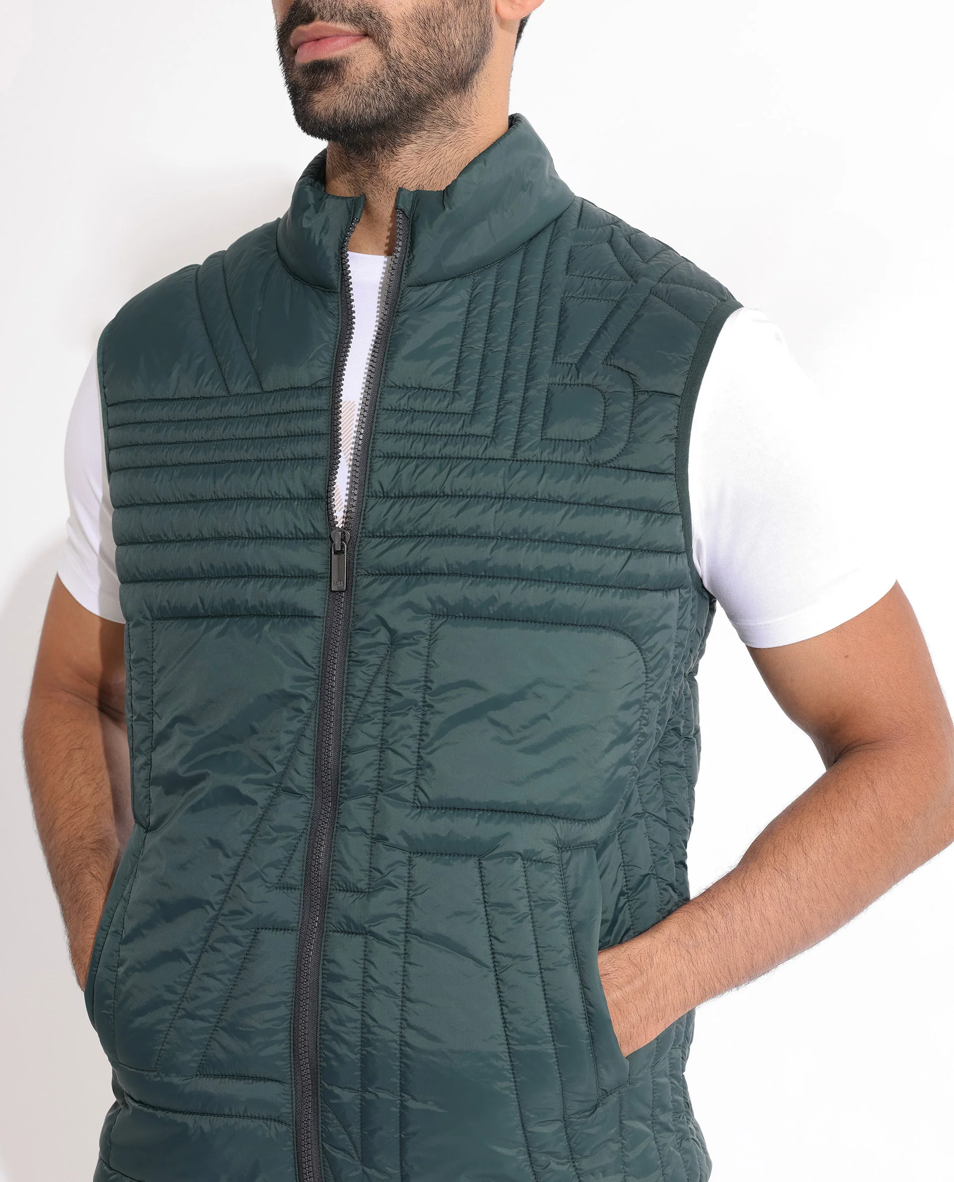 Rare Rabbit Men's Queltex Dark Petrol Nylon Plain Regular Fit Sleeveless High Neck Jacket - Image 7