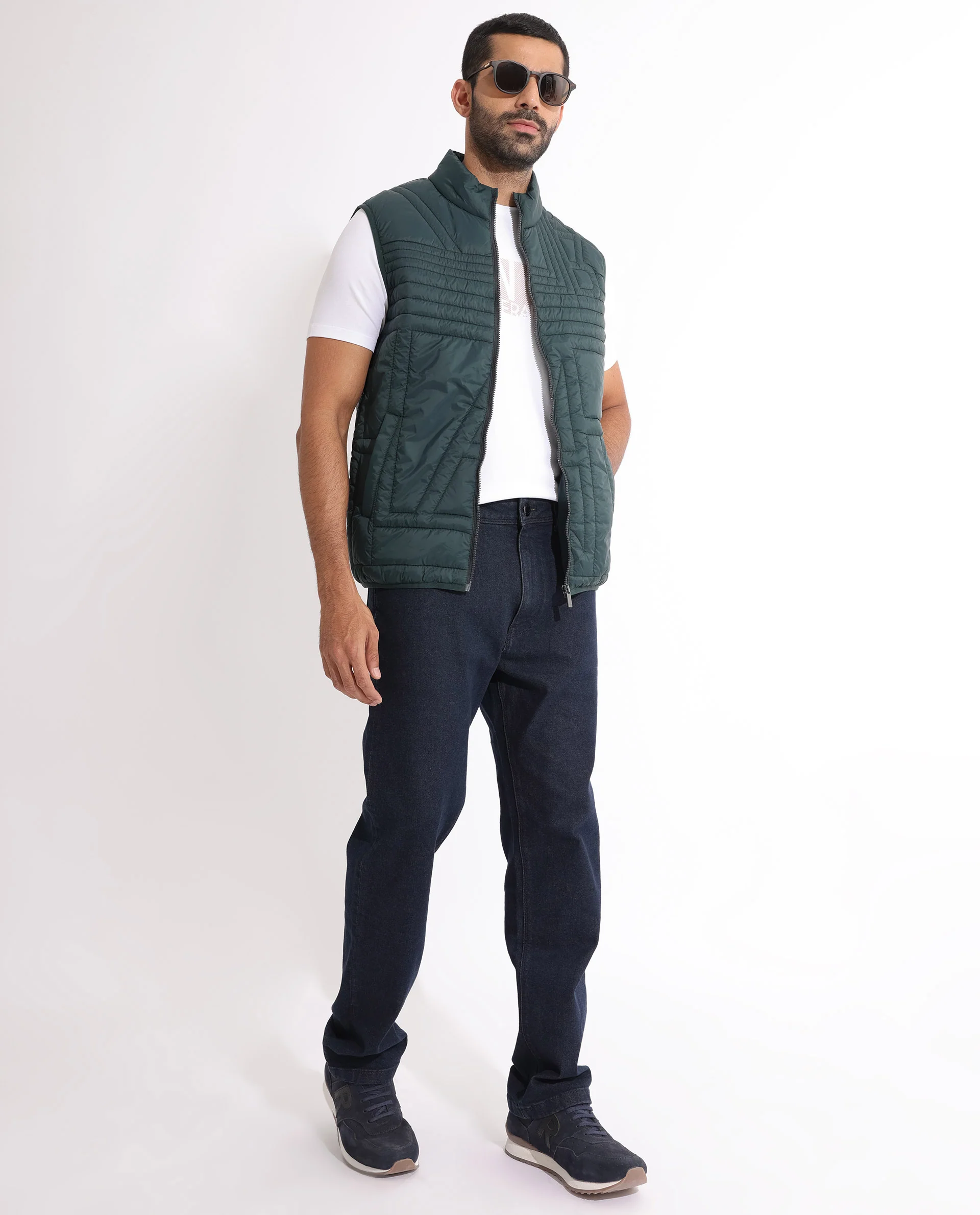 Rare Rabbit Men's Queltex Dark Petrol Nylon Plain Regular Fit Sleeveless High Neck Jacket - Image 8