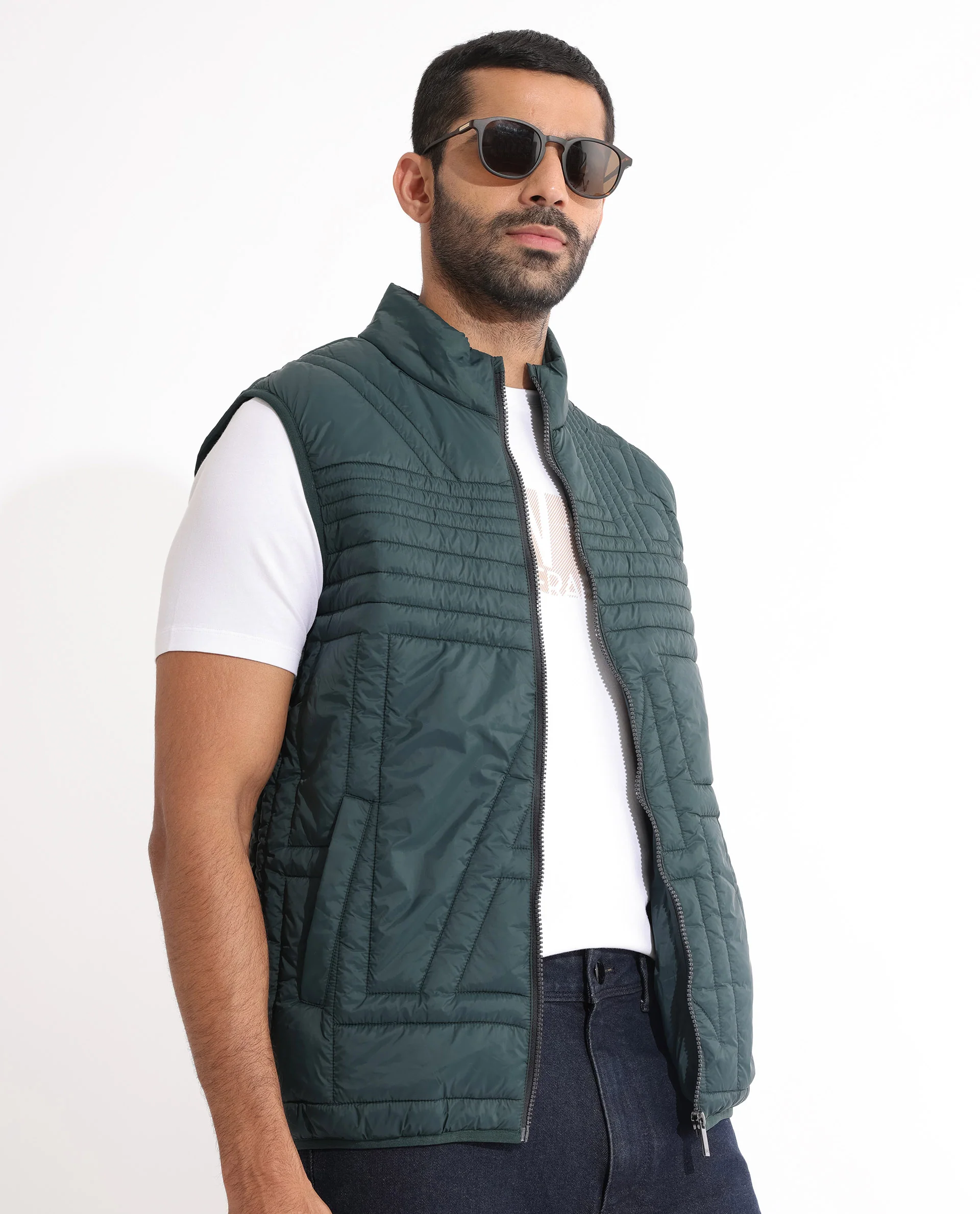 Rare Rabbit Men's Queltex Dark Petrol Nylon Plain Regular Fit Sleeveless High Neck Jacket - Image 9