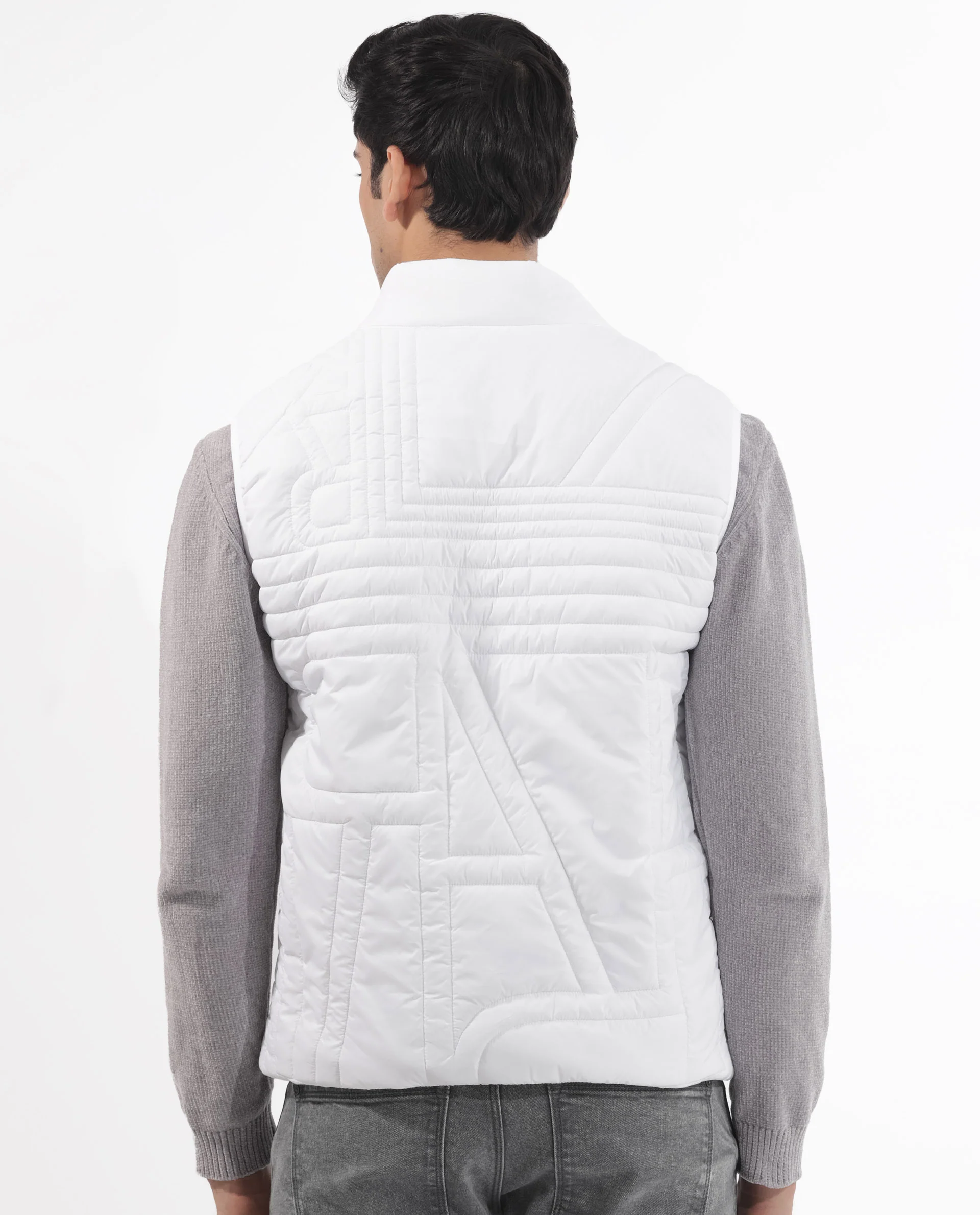 Rare Rabbit Men's Queltex White Nylon Plain Regular Fit Sleeveless High Neck Jacket - Image 10