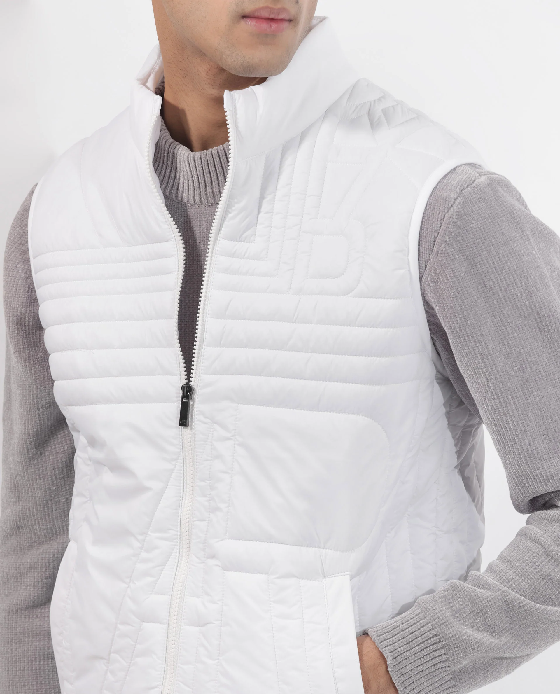 Rare Rabbit Men's Queltex White Nylon Plain Regular Fit Sleeveless High Neck Jacket - Image 2