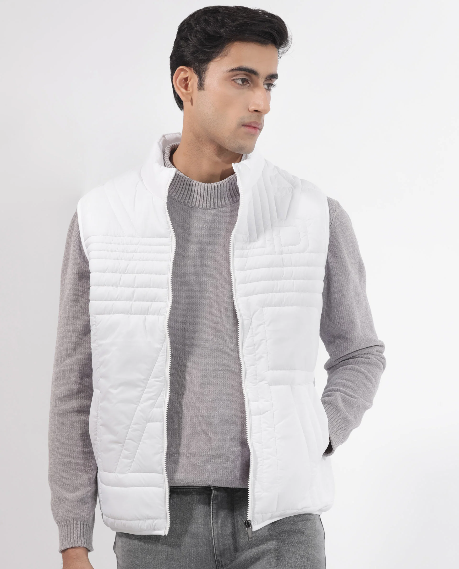 Rare Rabbit Men's Queltex White Nylon Plain Regular Fit Sleeveless High Neck Jacket - Image 5