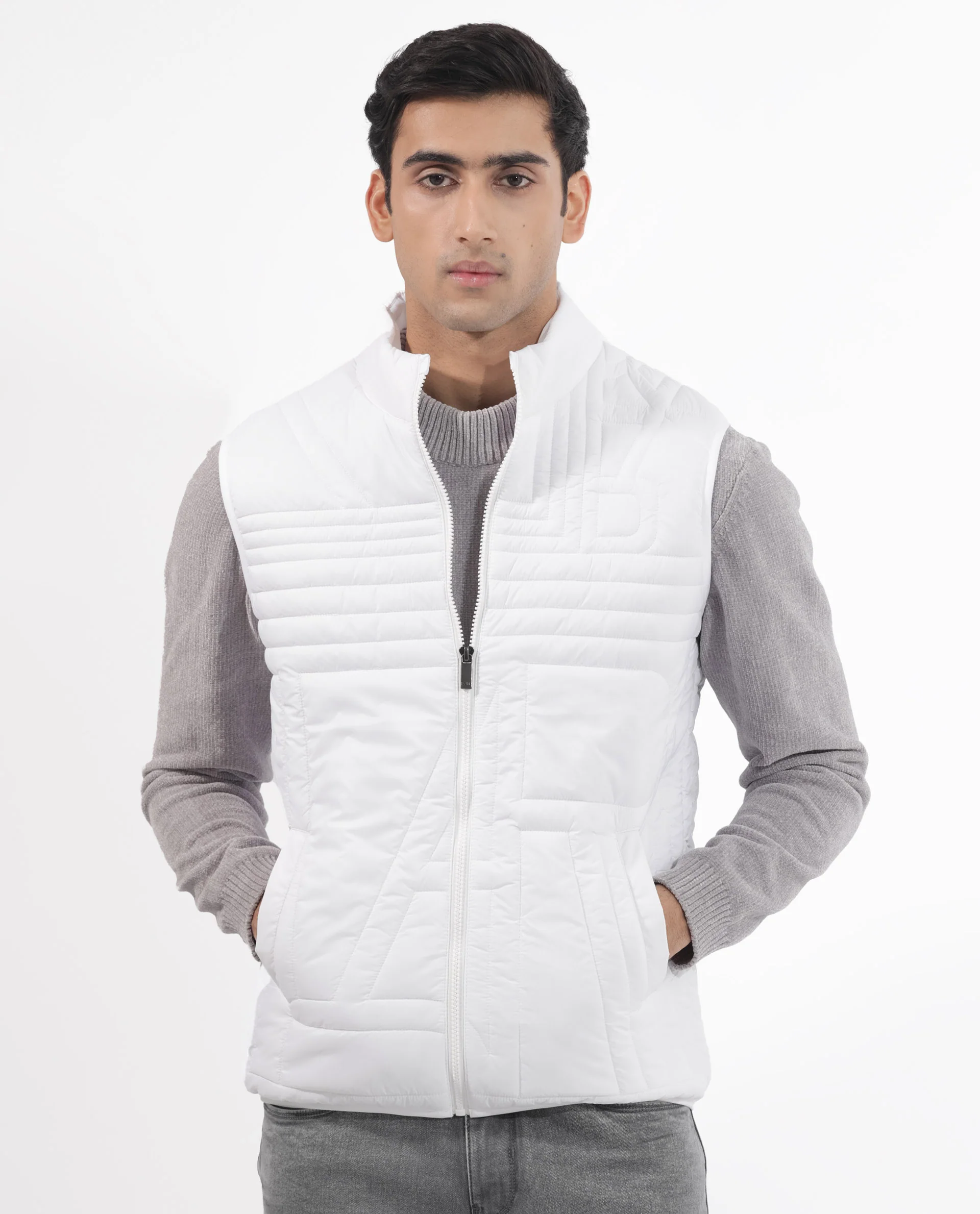 Rare Rabbit Men's Queltex White Nylon Plain Regular Fit Sleeveless High Neck Jacket - Image 6