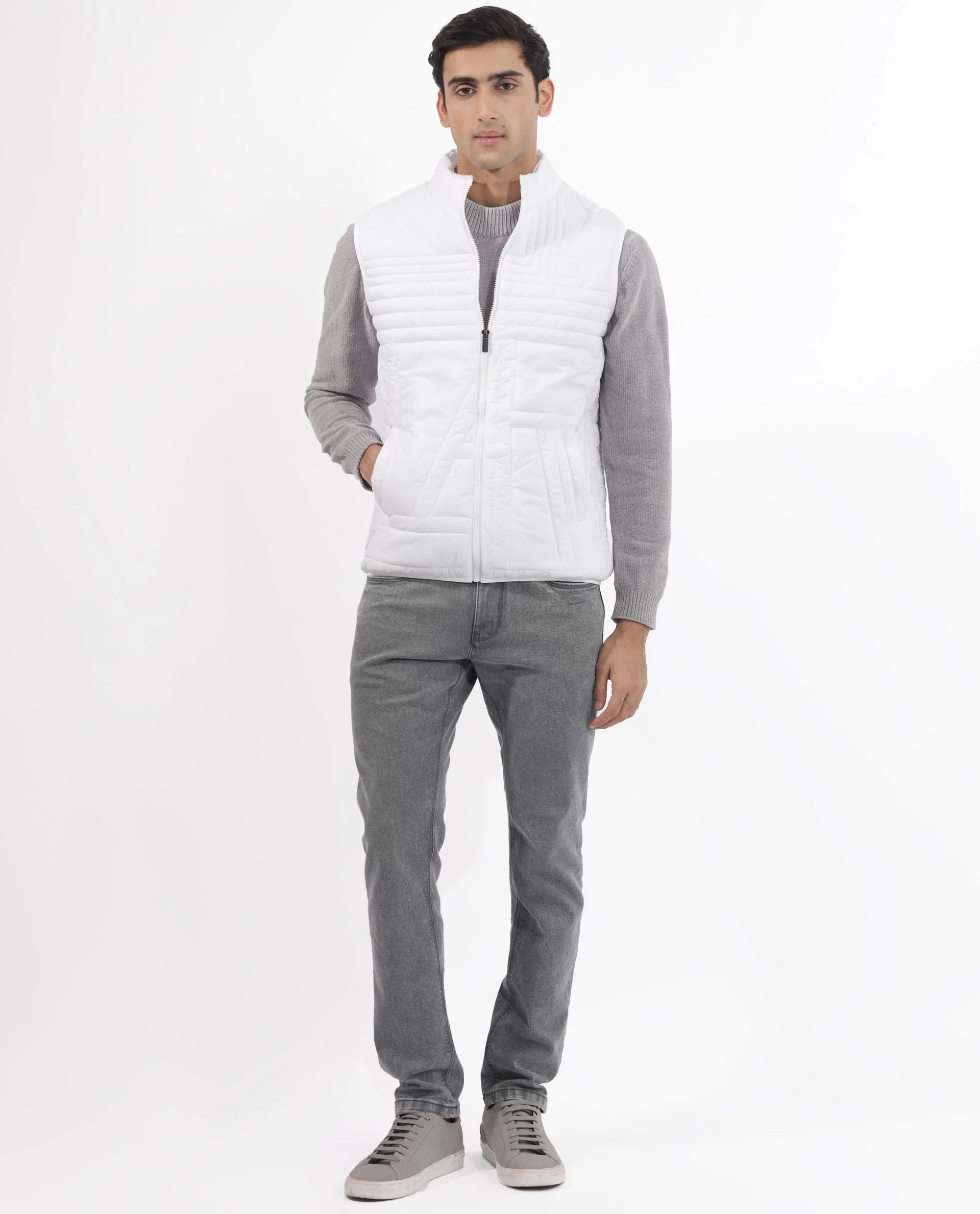 Rare Rabbit Men's Queltex White Nylon Plain Regular Fit Sleeveless High Neck Jacket - Image 7