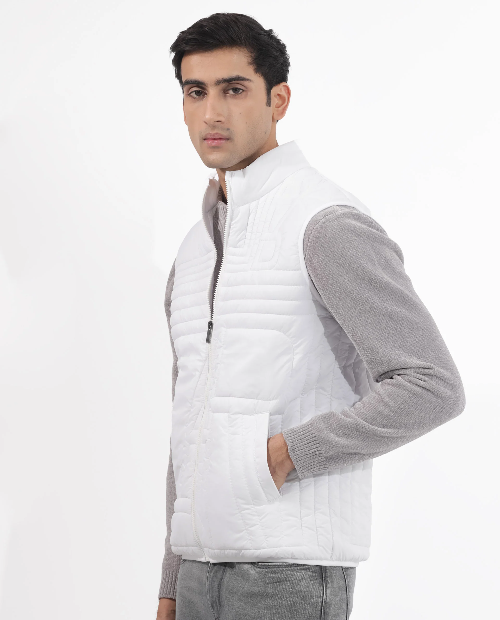 Rare Rabbit Men's Queltex White Nylon Plain Regular Fit Sleeveless High Neck Jacket - Image 8