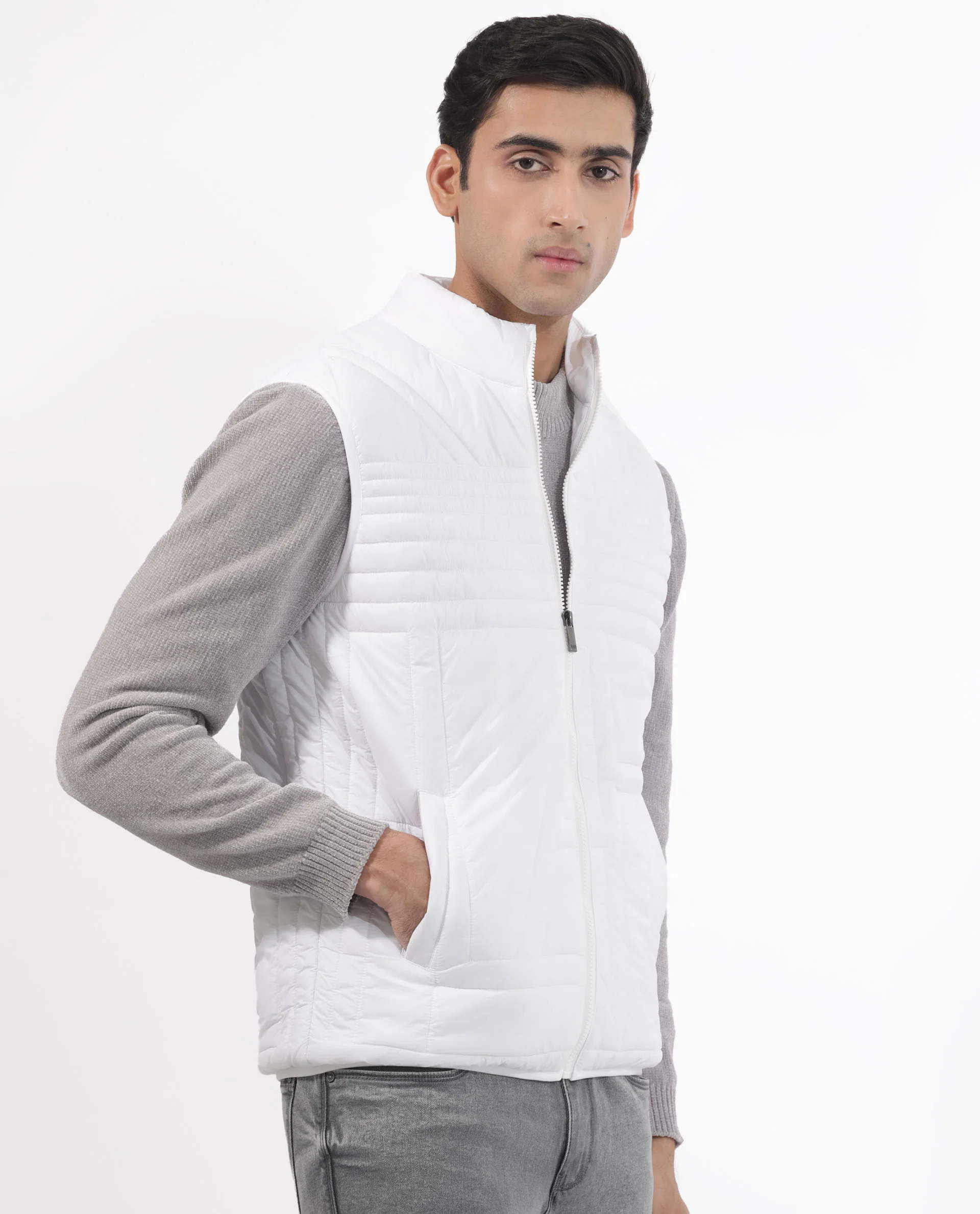 Rare Rabbit Men's Queltex White Nylon Plain Regular Fit Sleeveless High Neck Jacket - Image 9