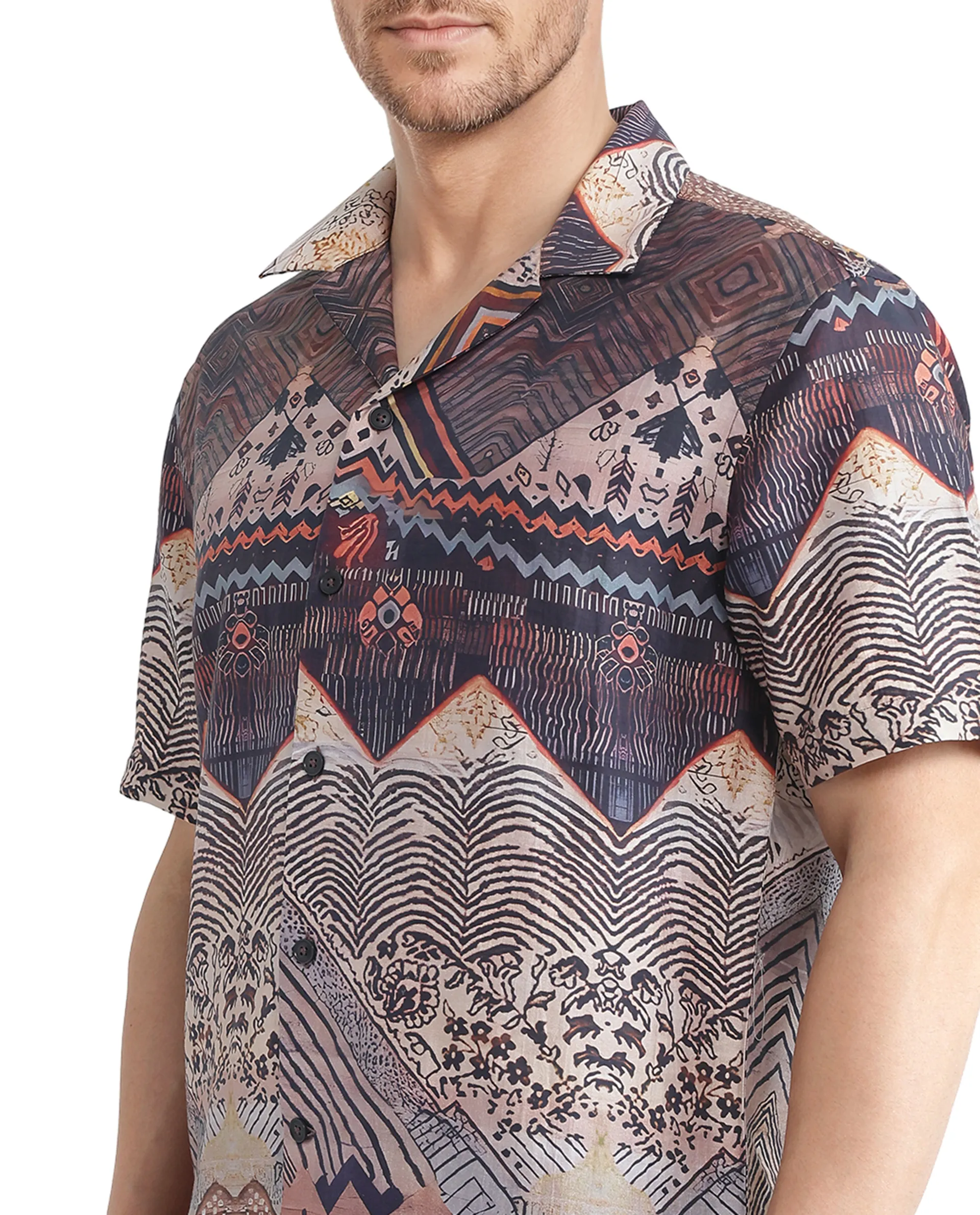 Rare Rabbit Men's Quem Dark Brown Viscose Blend Abstract Print Boxy Fit Half Sleeve Cuban Collar Shirt - Image 2