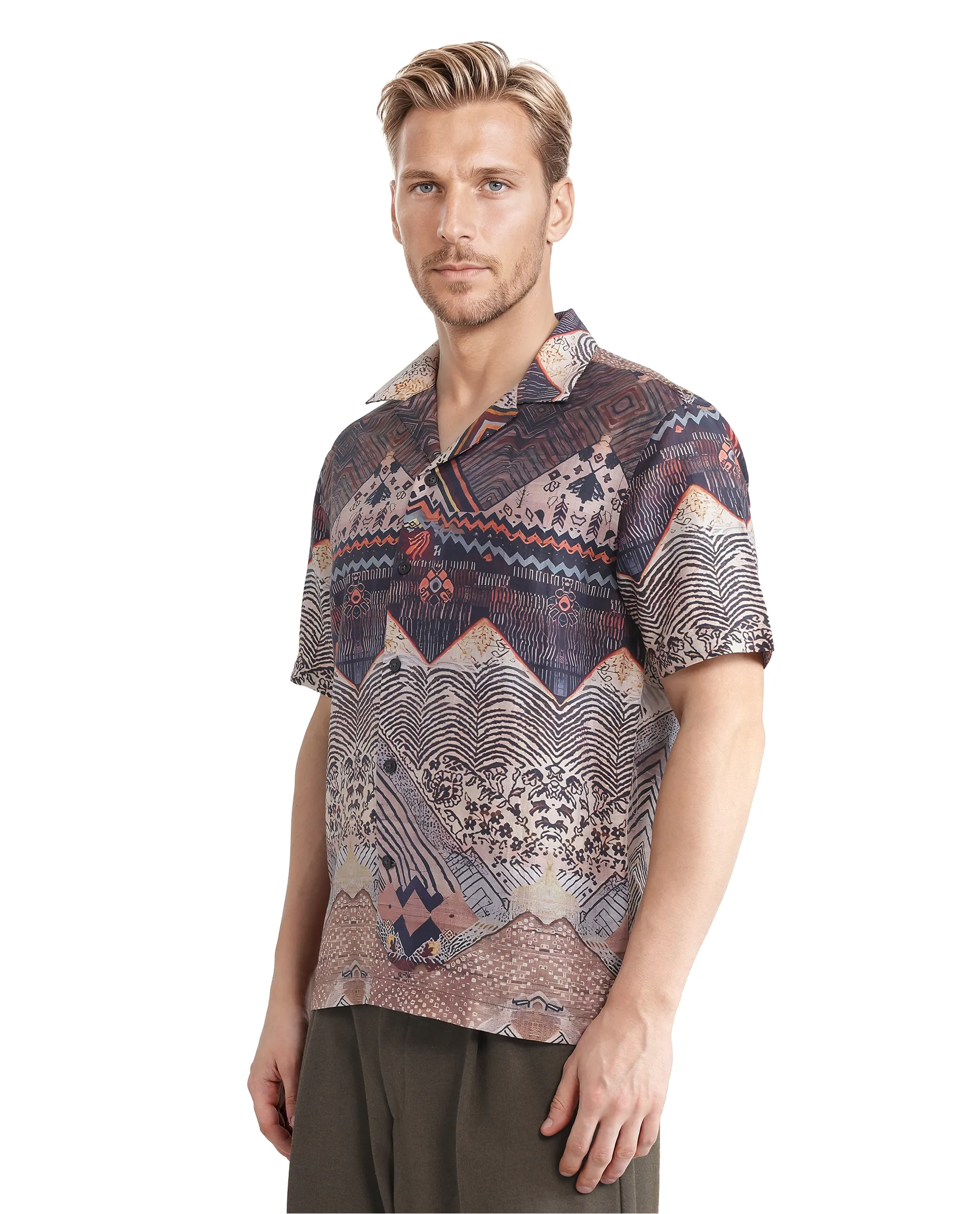 Rare Rabbit Men's Quem Dark Brown Viscose Blend Abstract Print Boxy Fit Half Sleeve Cuban Collar Shirt - Image 3