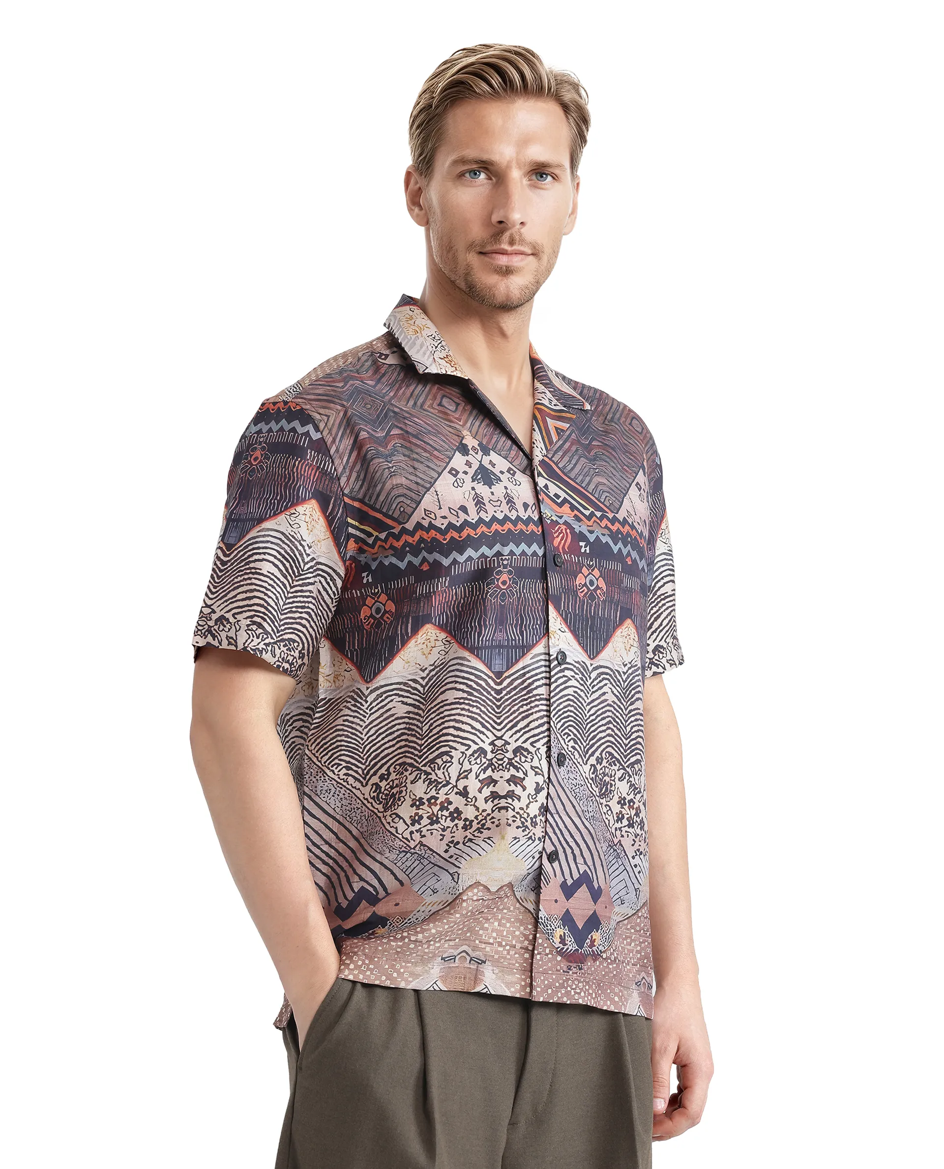 Rare Rabbit Men's Quem Dark Brown Viscose Blend Abstract Print Boxy Fit Half Sleeve Cuban Collar Shirt - Image 4