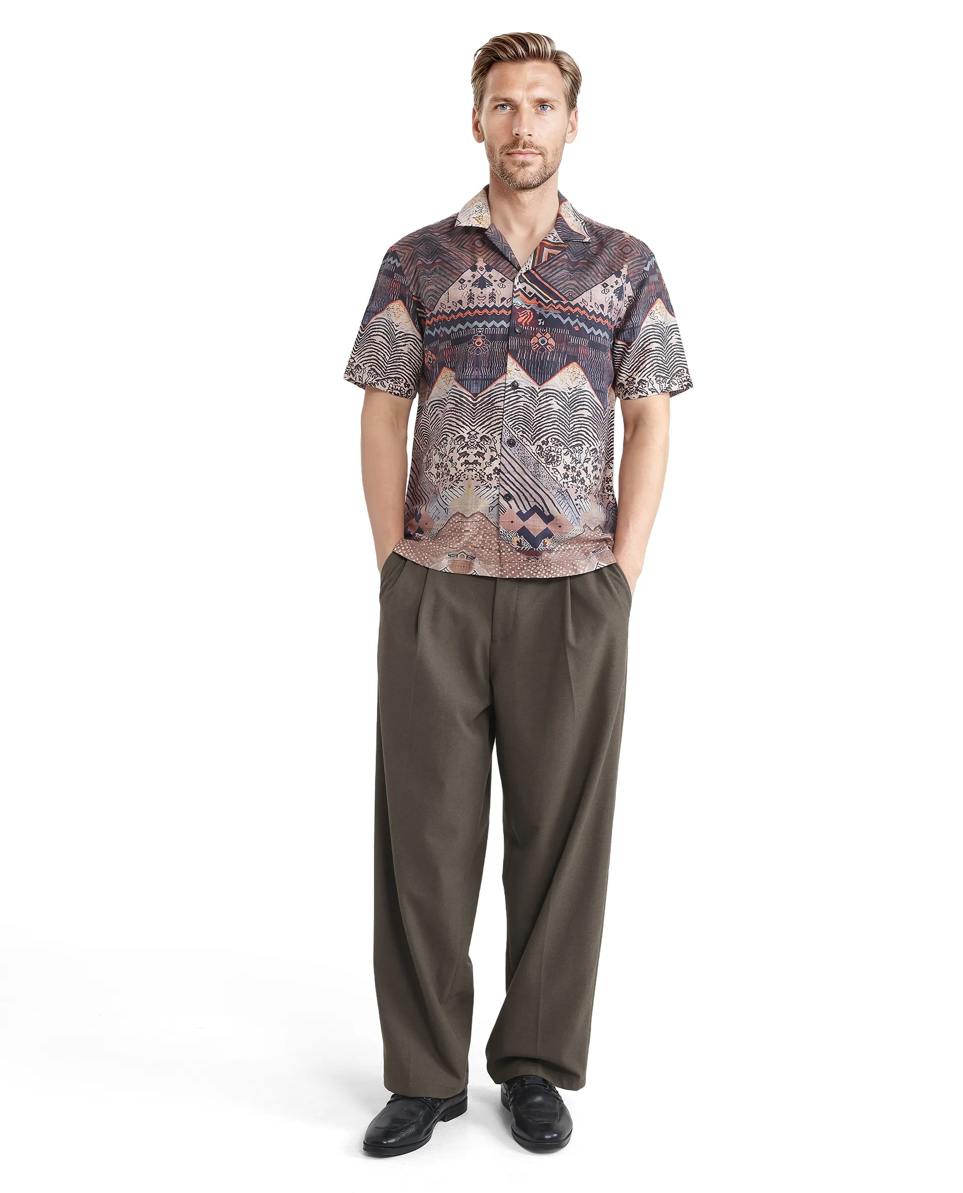 Rare Rabbit Men's Quem Dark Brown Viscose Blend Abstract Print Boxy Fit Half Sleeve Cuban Collar Shirt - Image 5