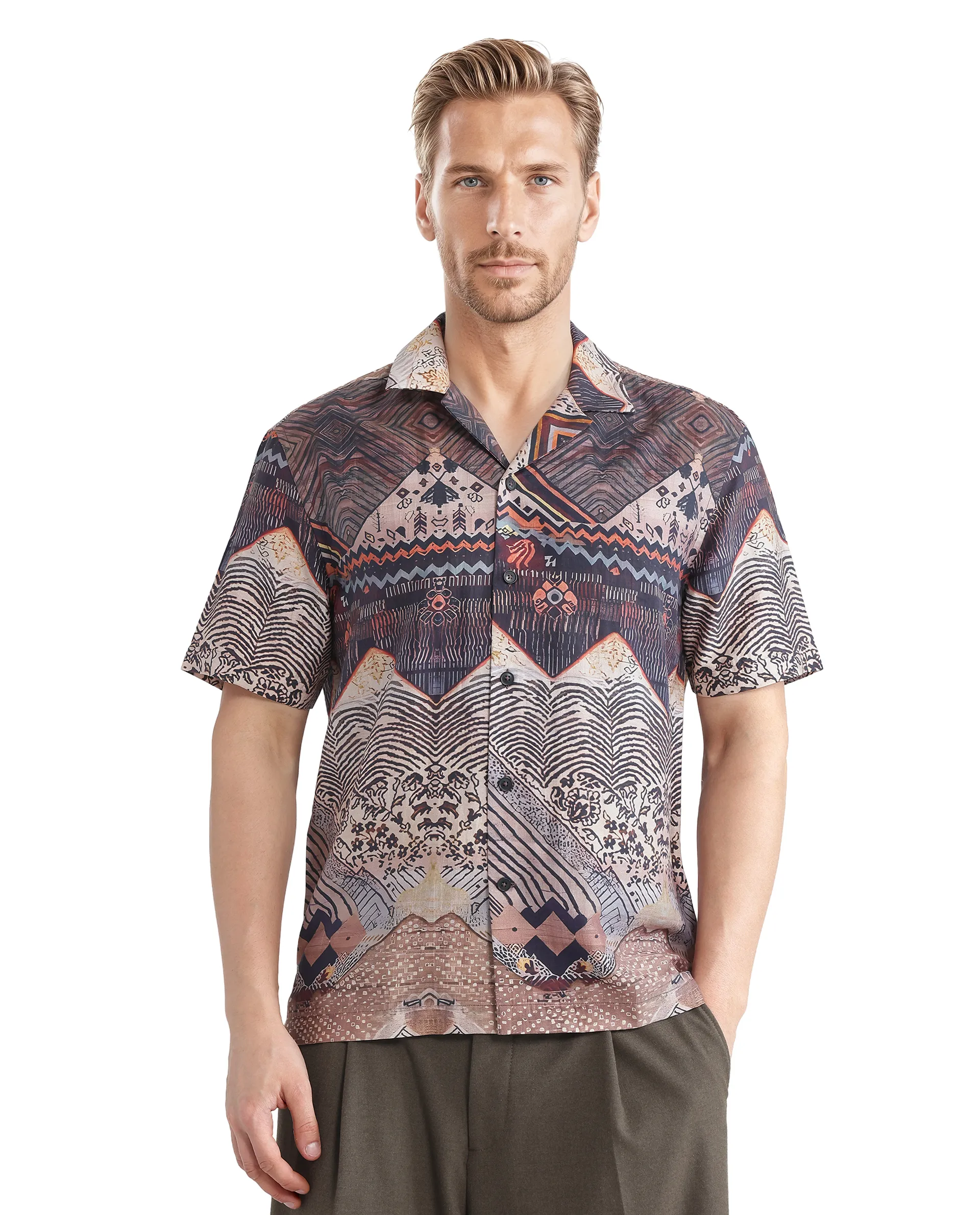 Rare Rabbit Men's Quem Dark Brown Viscose Blend Abstract Print Boxy Fit Half Sleeve Cuban Collar Shirt - Image 7
