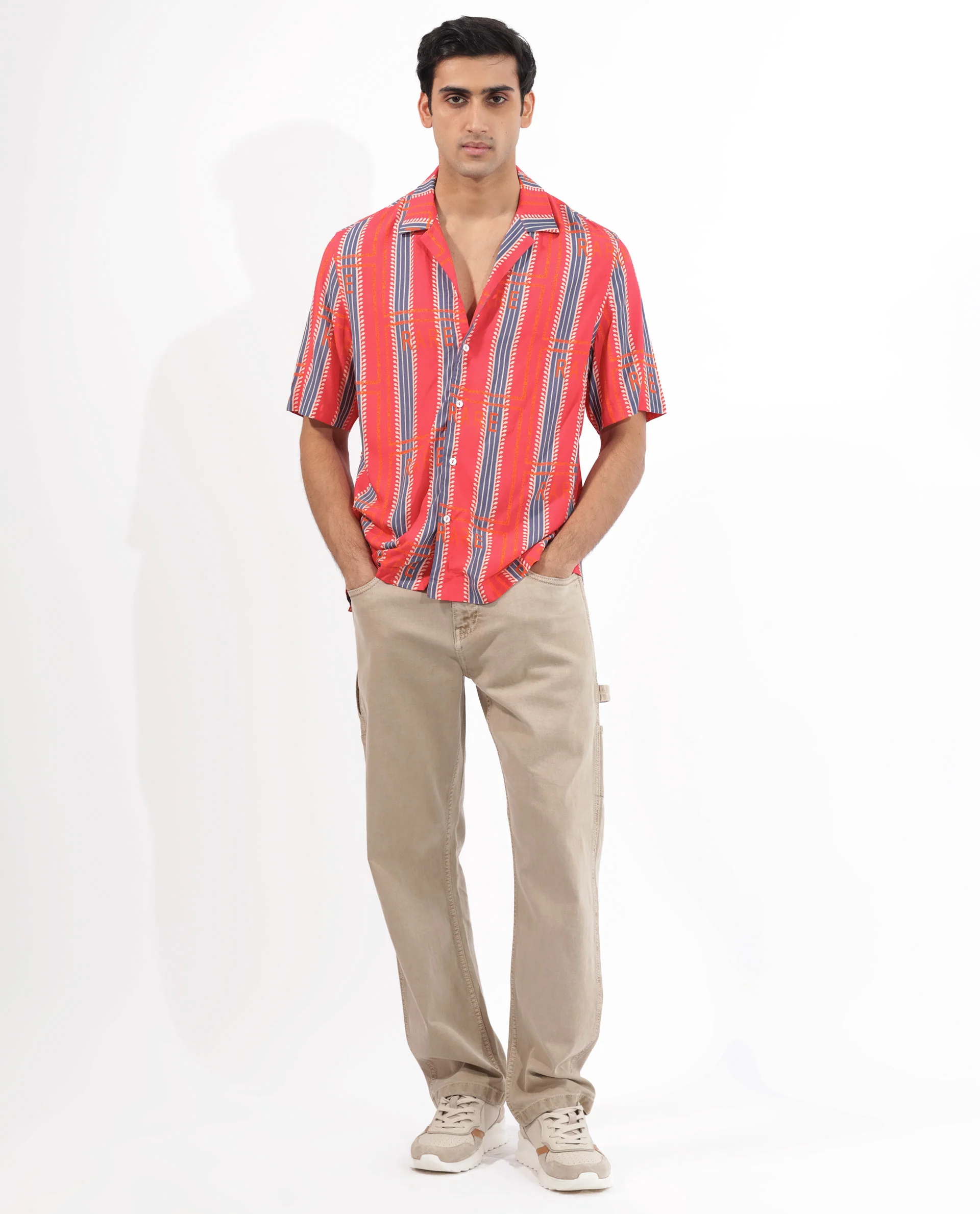Rare Rabbit Men's Quena Red Viscose Striped Print Boxy Fit Half Sleeve Cuban Collar Shirt - Image 2