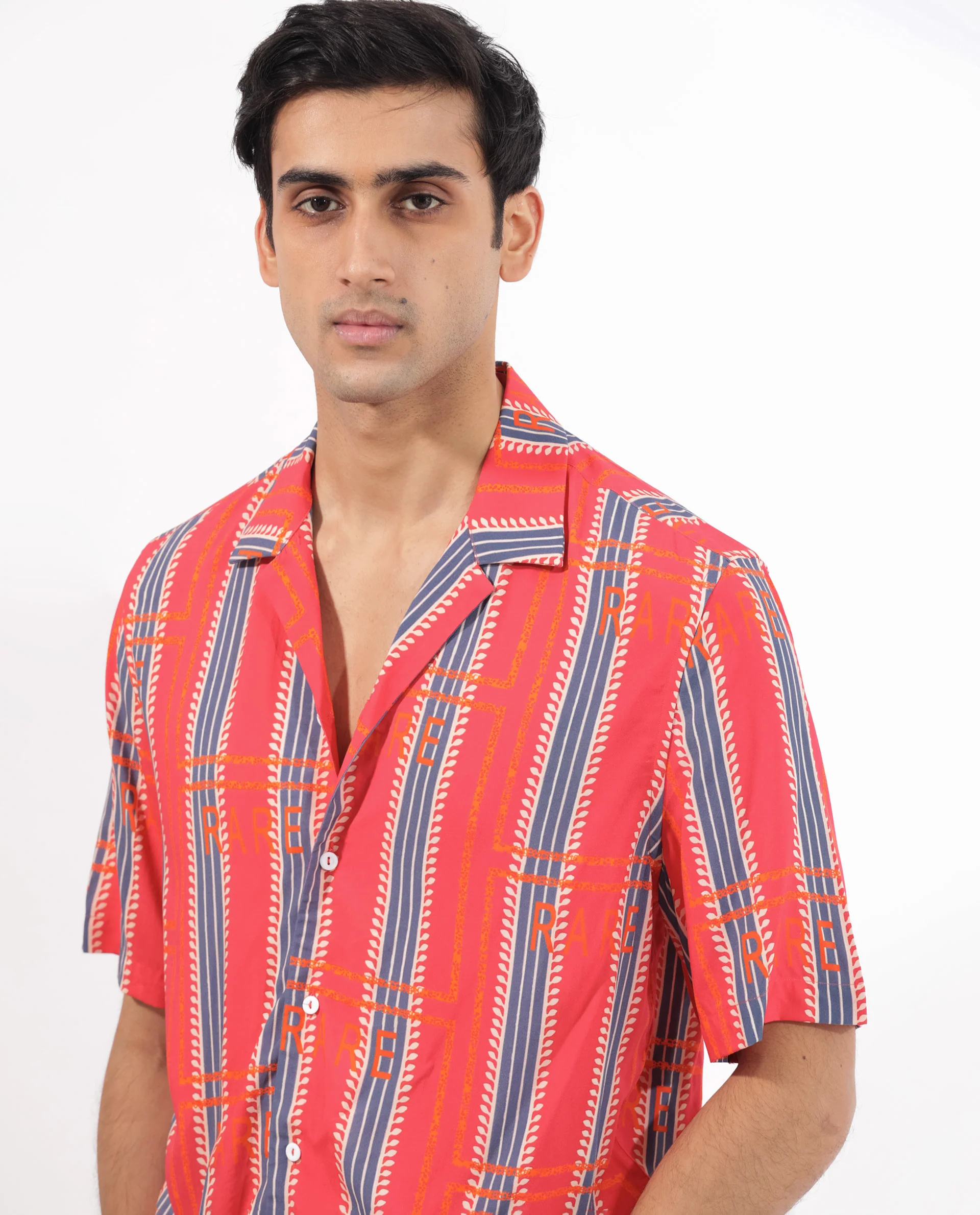 Rare Rabbit Men's Quena Red Viscose Striped Print Boxy Fit Half Sleeve Cuban Collar Shirt - Image 4