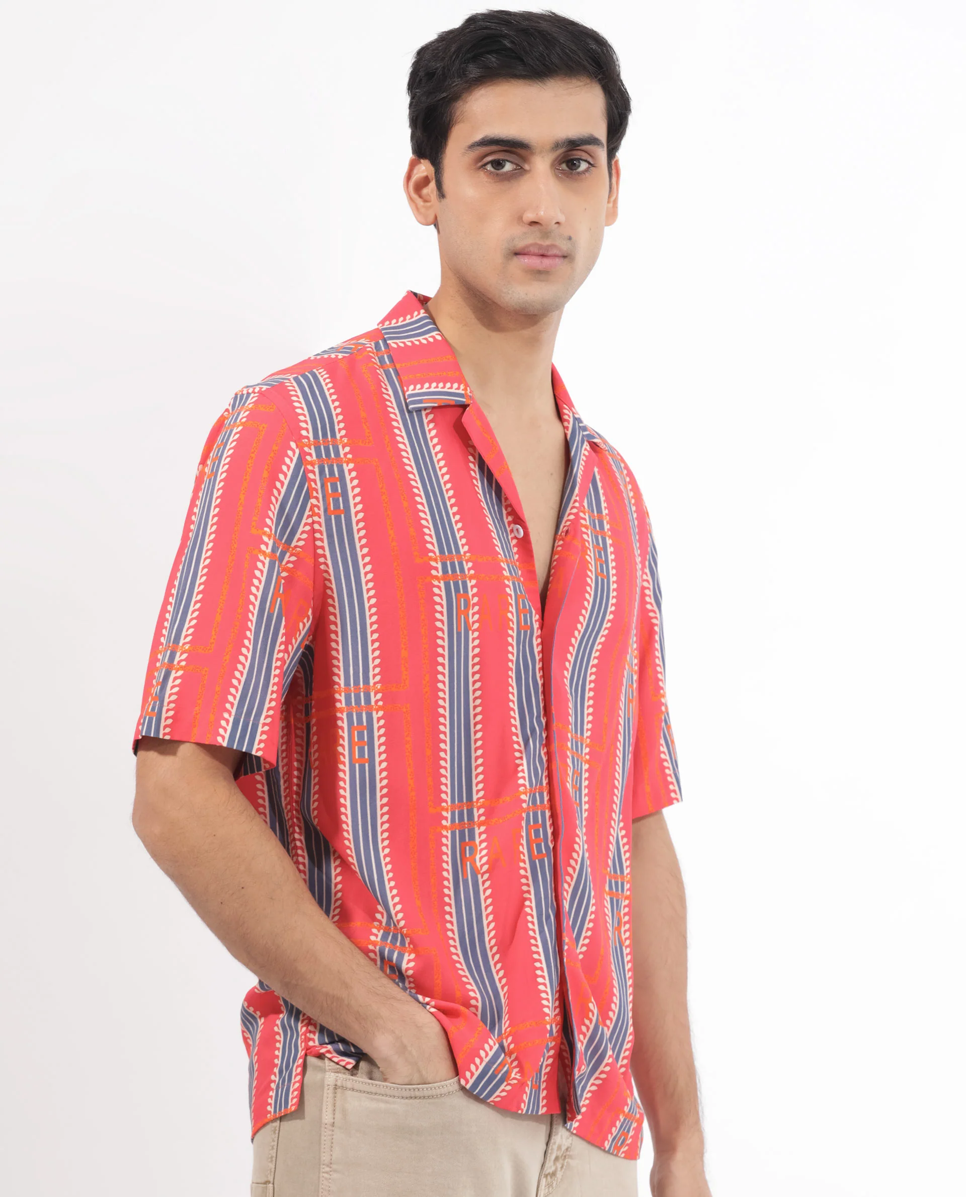 Rare Rabbit Men's Quena Red Viscose Striped Print Boxy Fit Half Sleeve Cuban Collar Shirt - Image 6