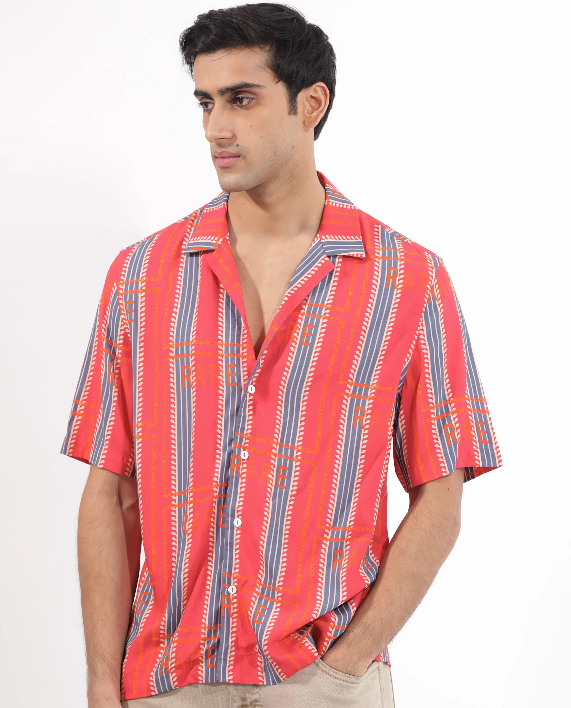 Rare Rabbit Men's Quena Red Viscose Striped Print Boxy Fit Half Sleeve Cuban Collar Shirt - Image 7