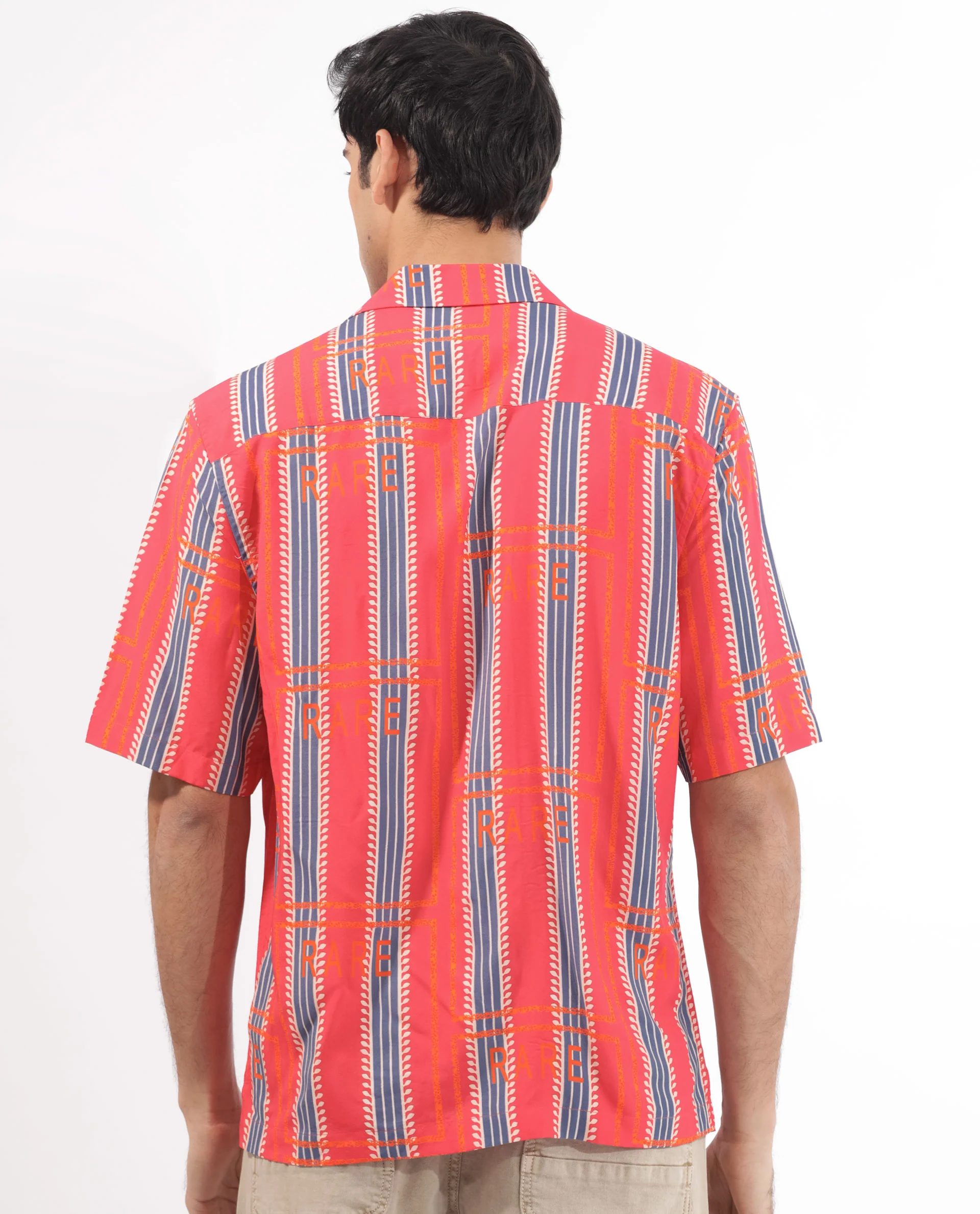 Rare Rabbit Men's Quena Red Viscose Striped Print Boxy Fit Half Sleeve Cuban Collar Shirt - Image 8