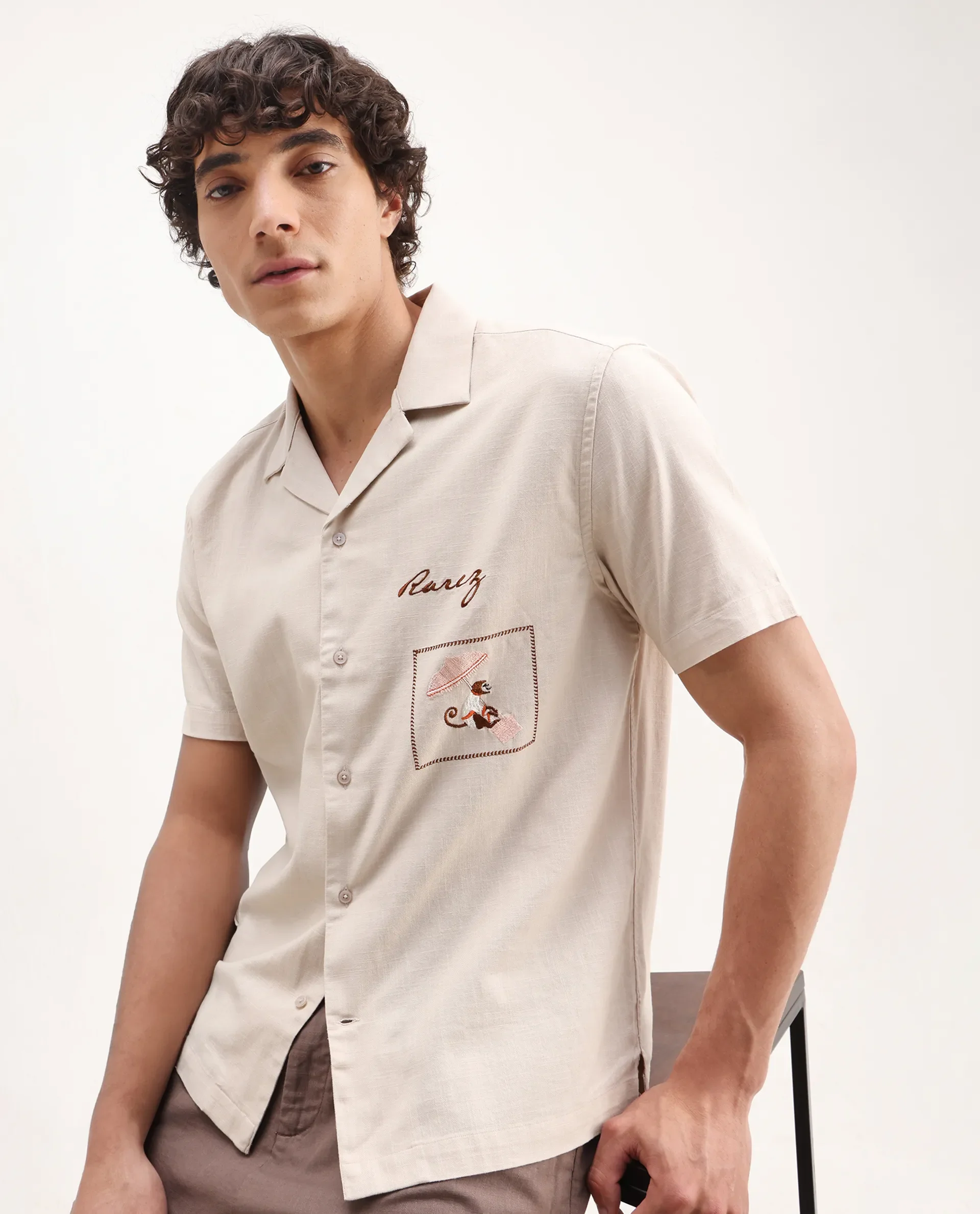 Rare Rabbit Men's Quentin Beige Embroidered Relaxed Fit Half Sleeve Cuban Collar Shirt