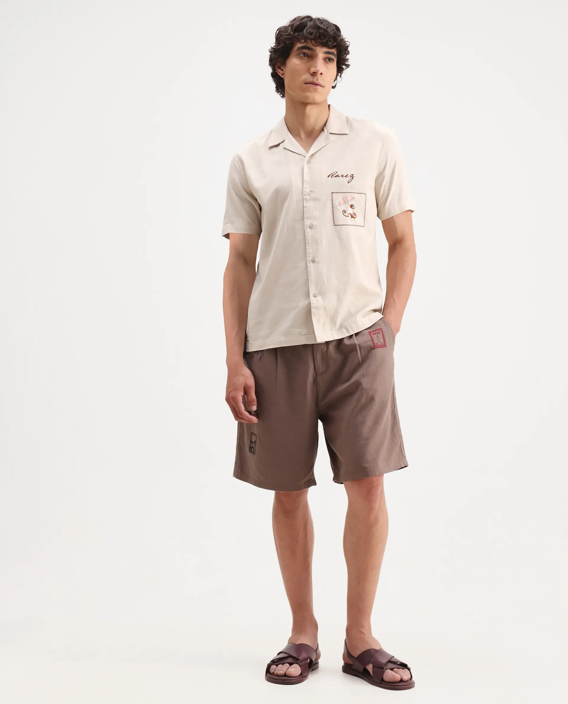 Rare Rabbit Men's Quentin Beige Embroidered Relaxed Fit Half Sleeve Cuban Collar Shirt - Image 2
