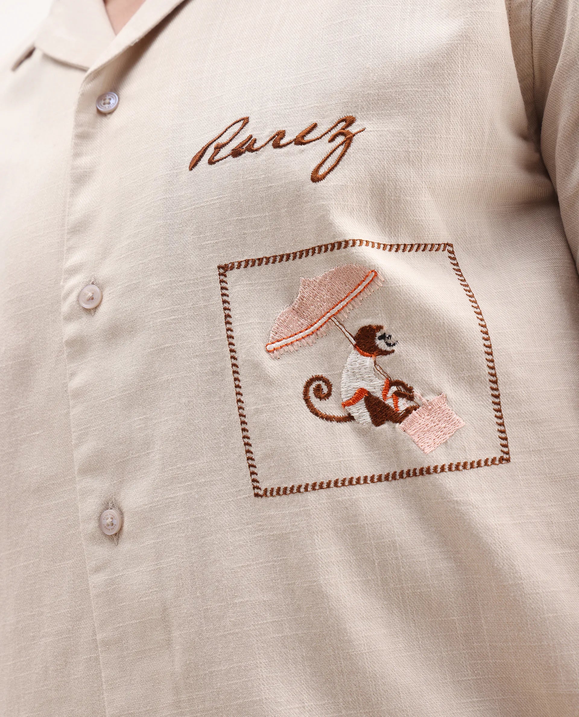 Rare Rabbit Men's Quentin Beige Embroidered Relaxed Fit Half Sleeve Cuban Collar Shirt - Image 3
