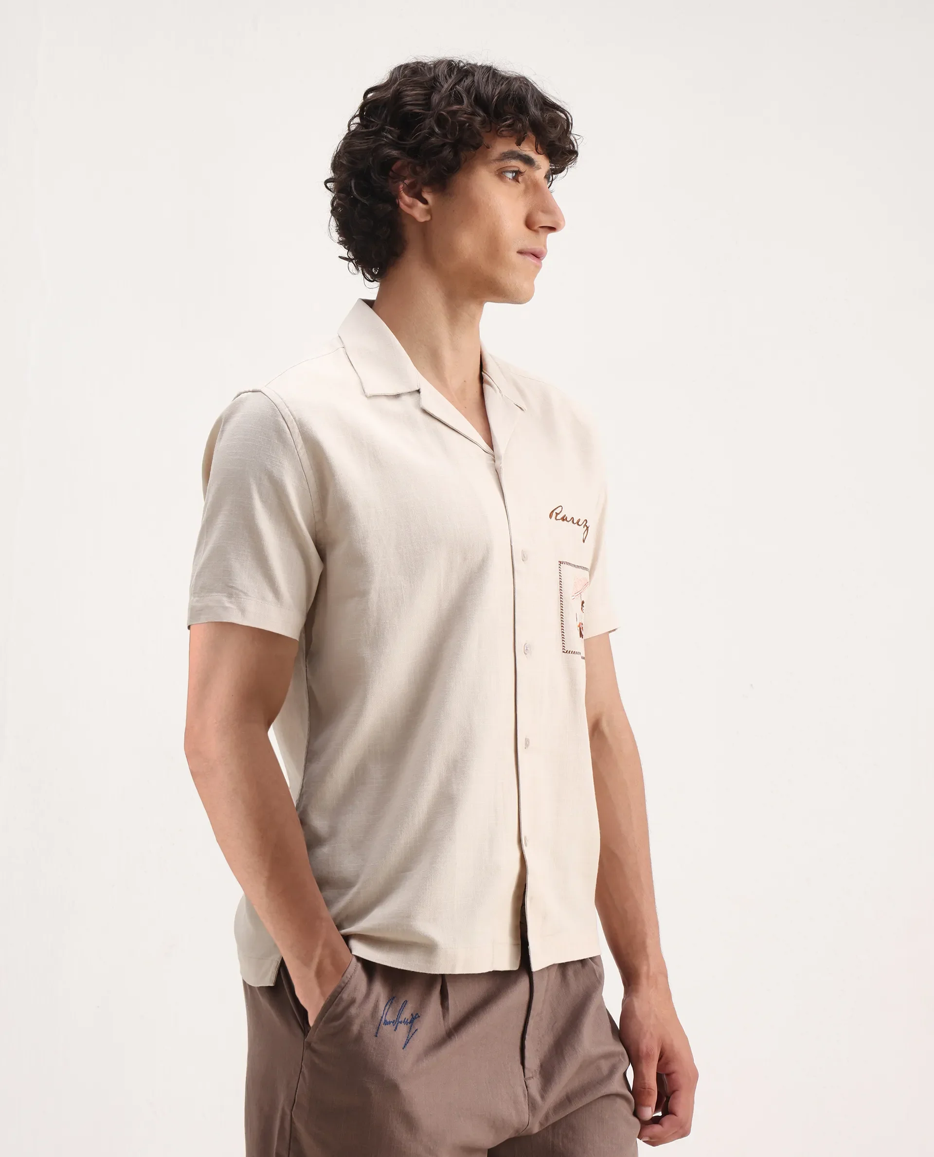 Rare Rabbit Men's Quentin Beige Embroidered Relaxed Fit Half Sleeve Cuban Collar Shirt - Image 4
