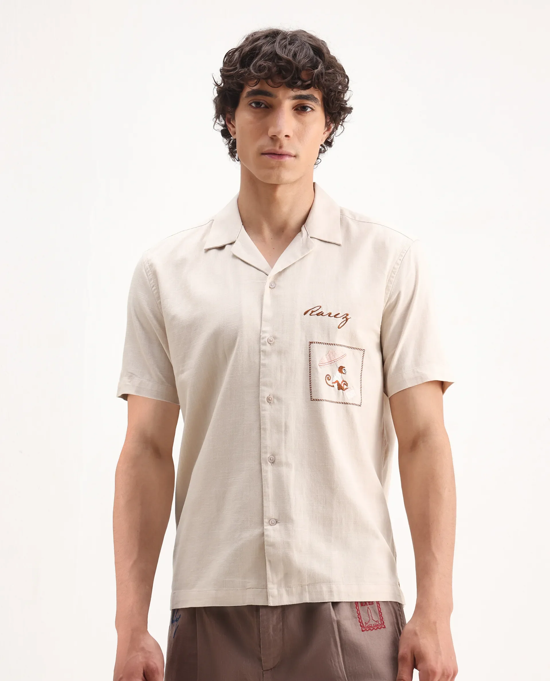 Rare Rabbit Men's Quentin Beige Embroidered Relaxed Fit Half Sleeve Cuban Collar Shirt - Image 6