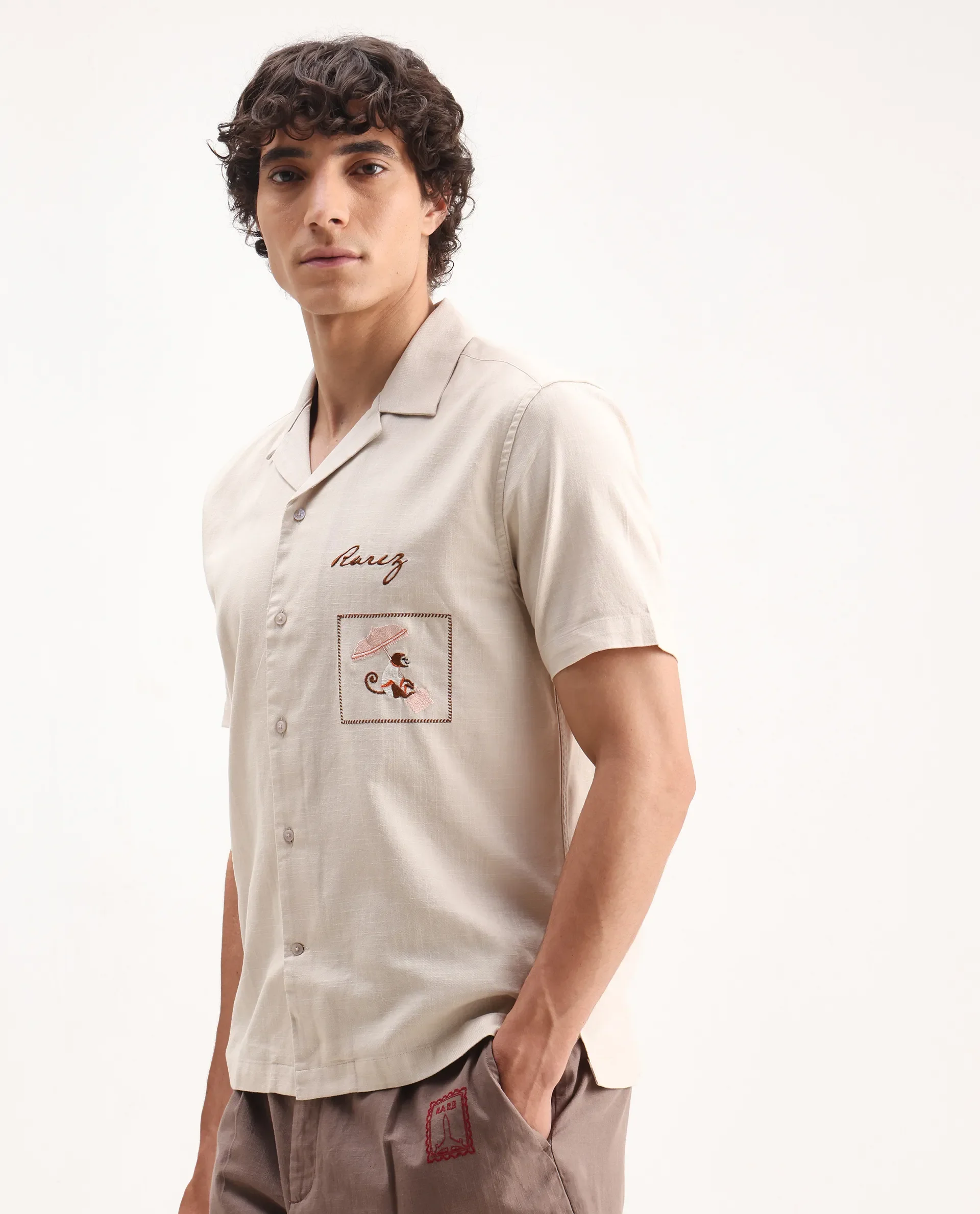 Rare Rabbit Men's Quentin Beige Embroidered Relaxed Fit Half Sleeve Cuban Collar Shirt - Image 7