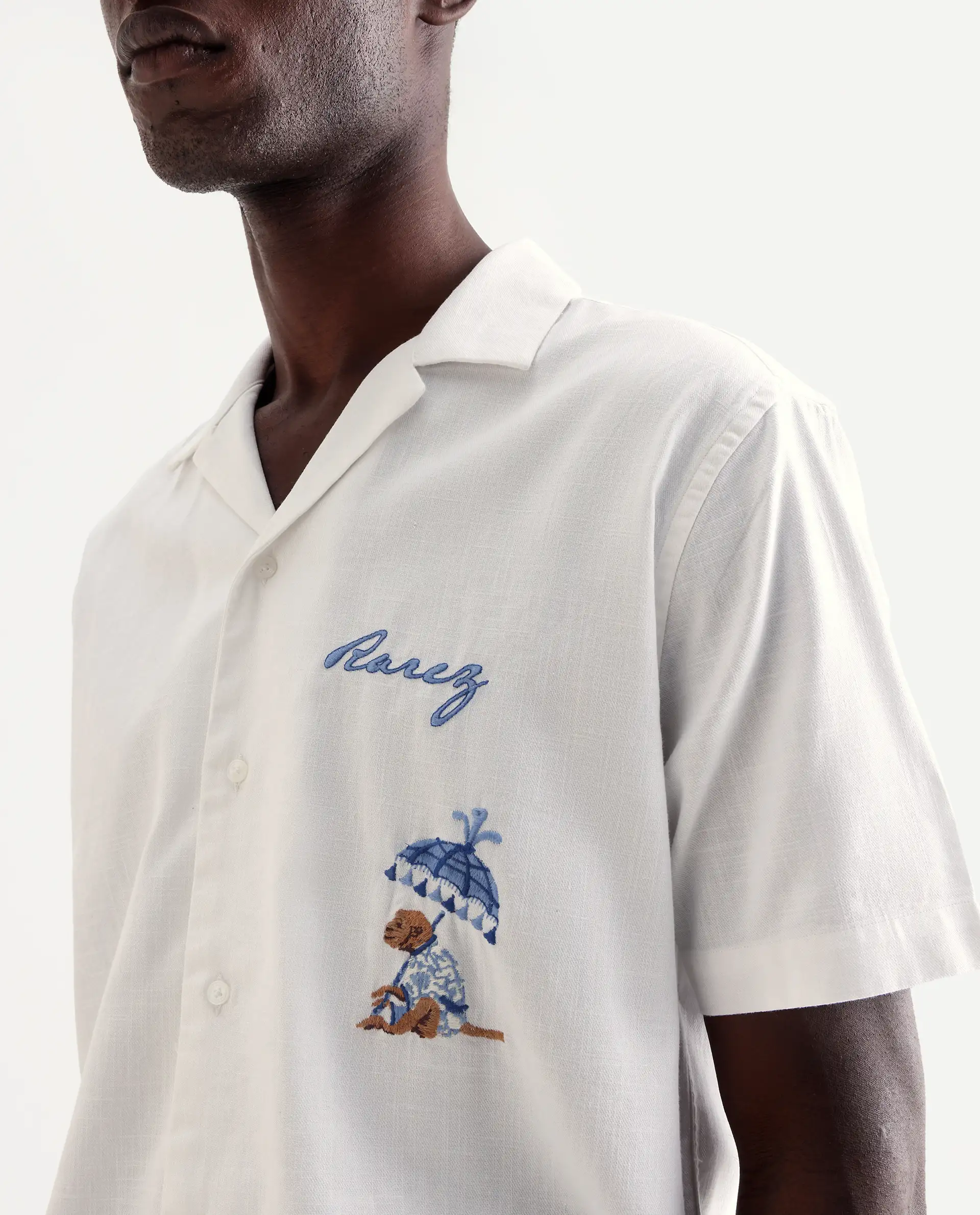 Rare Rabbit Men's Quentin White Embroidered Relaxed Fit Half Sleeve Cuban Collar Shirt - Image 3