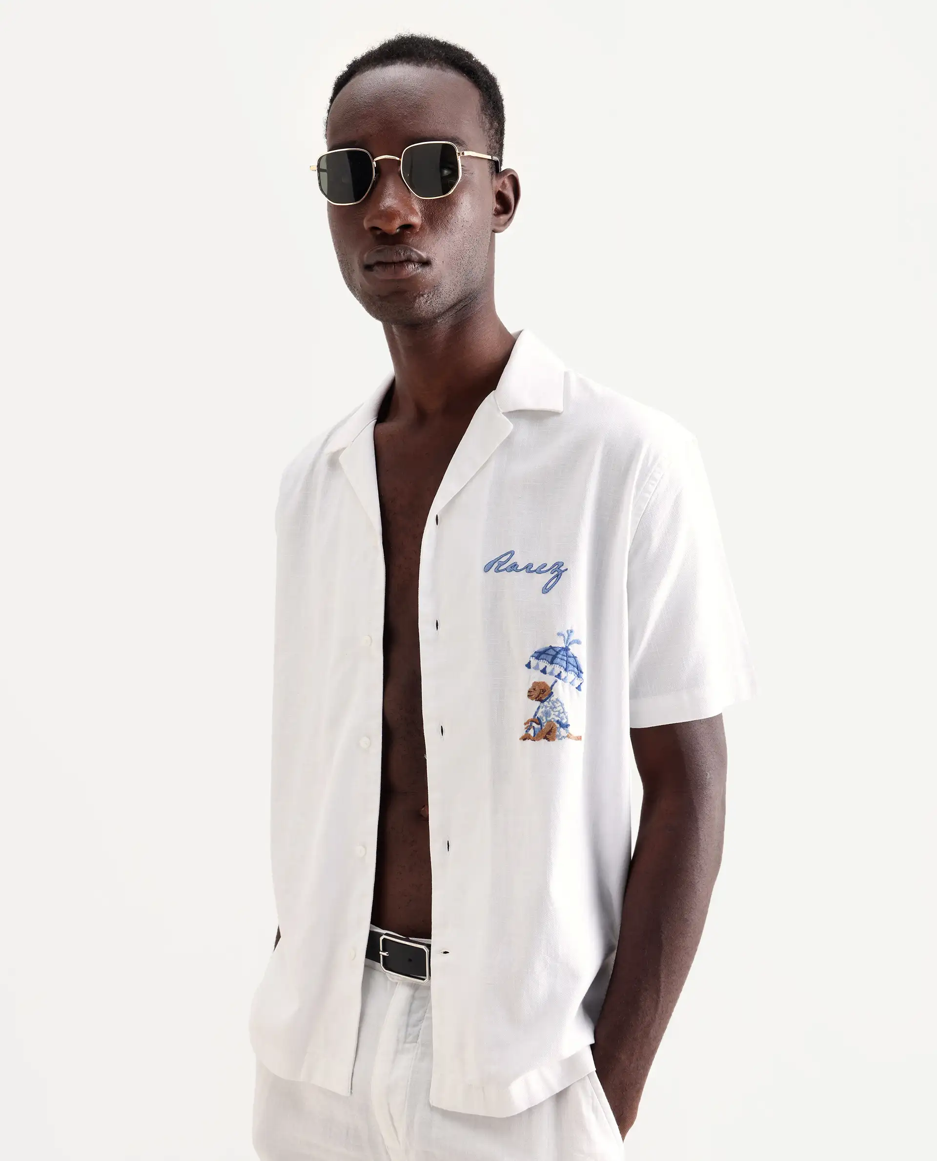 Rare Rabbit Men's Quentin White Embroidered Relaxed Fit Half Sleeve Cuban Collar Shirt - Image 4